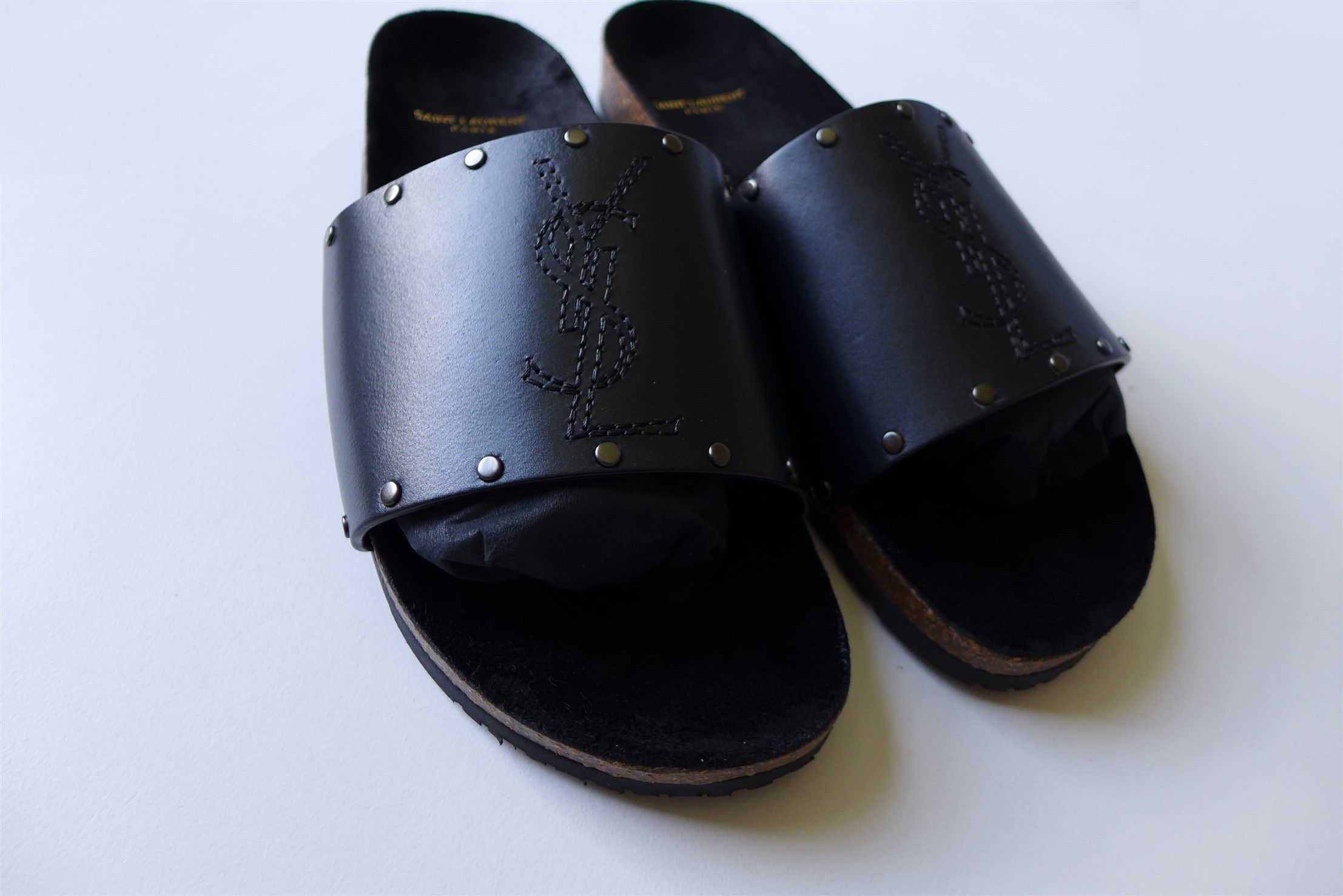 Saint Laurent Paris Saint Laurent Jimmy Logo Stud Slides Sandal - Black Leather Size US 11 / EU 44 - 13 Thumbnail