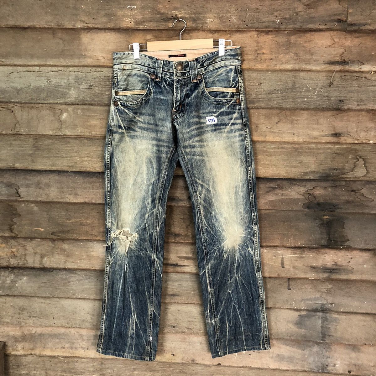 image of Made In Nippon Blue Distressed Denim Pants 5733, Men's (Size 29)