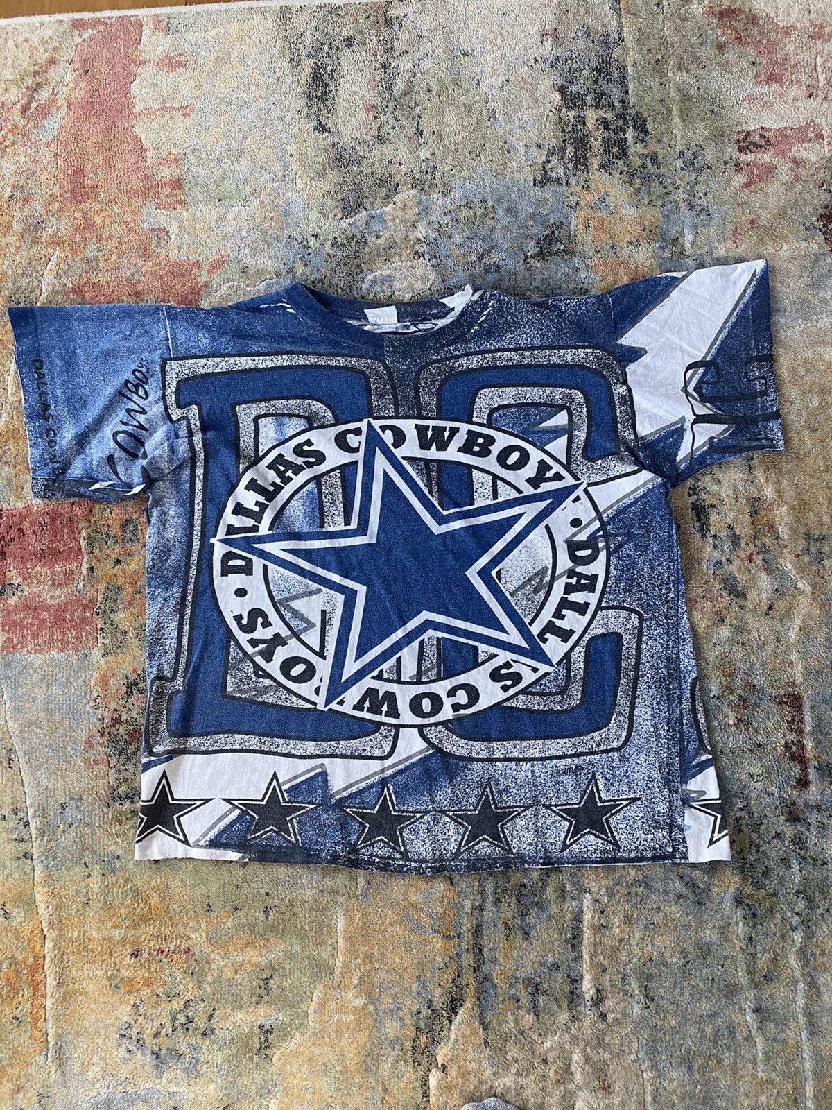 Vintage 90s Blue Dallas Cowboys NFL All Over Print T-Shirt