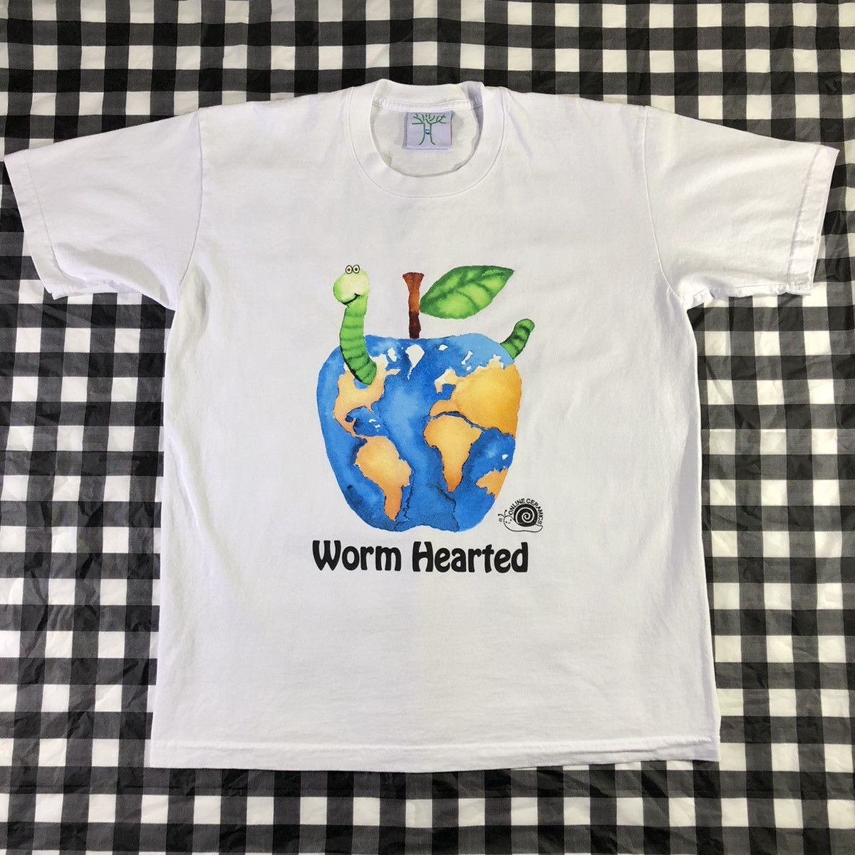 image of Online Ceramics Worm Hearted Earth Apple White T Shirt, Men's (Size XL)