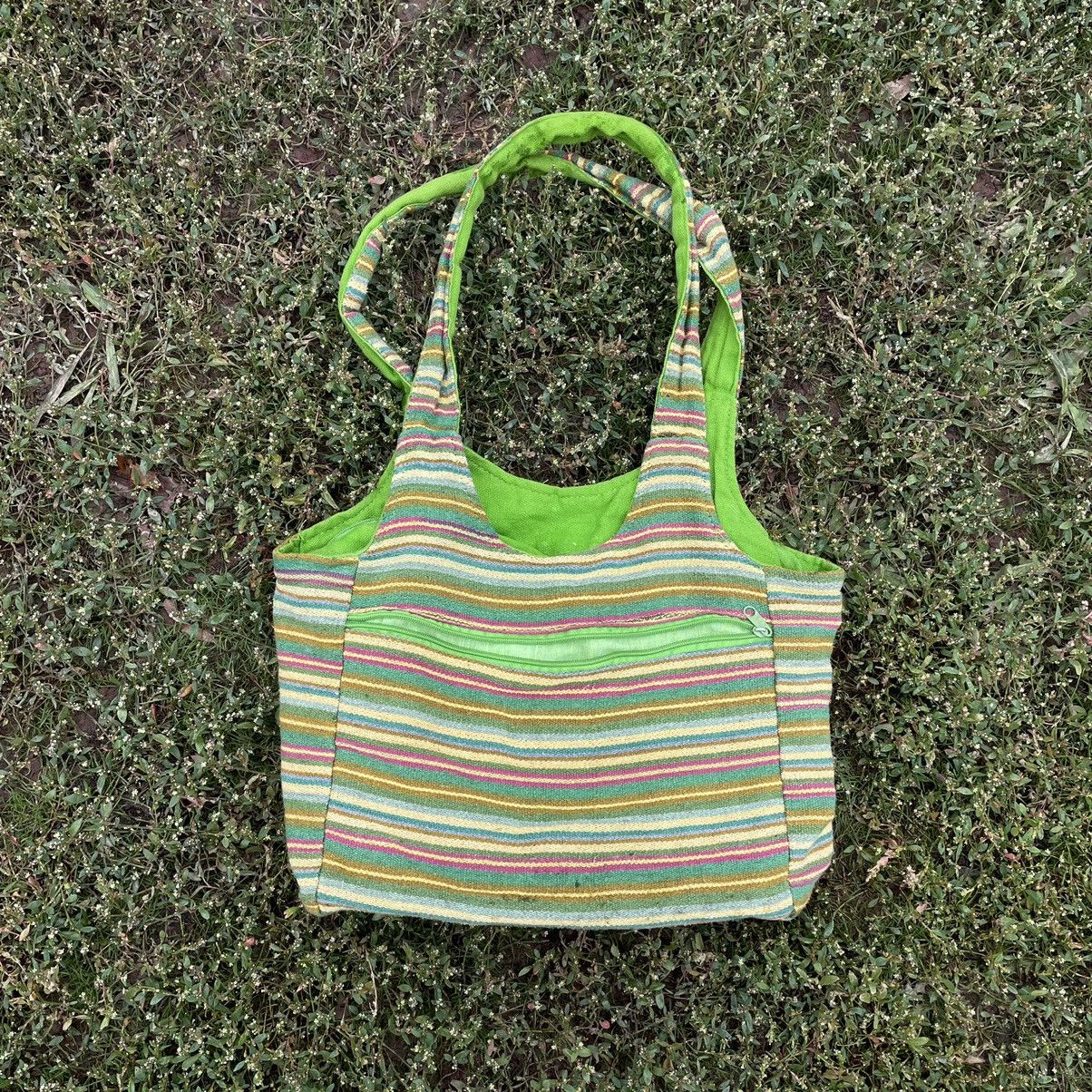 Vintage Y2K Striped Tote Bag Neon Green Vintage Rave Aesthetic OS Size ONE SIZE - 6 Thumbnail