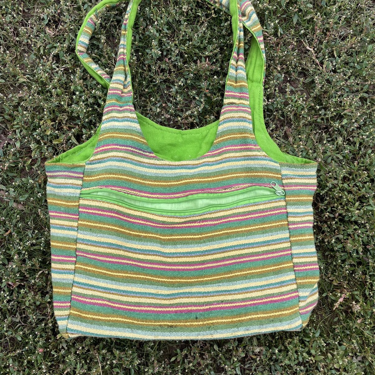 Vintage Y2K Striped Tote Bag Neon Green Vintage Rave Aesthetic OS Size ONE SIZE - 7 Thumbnail