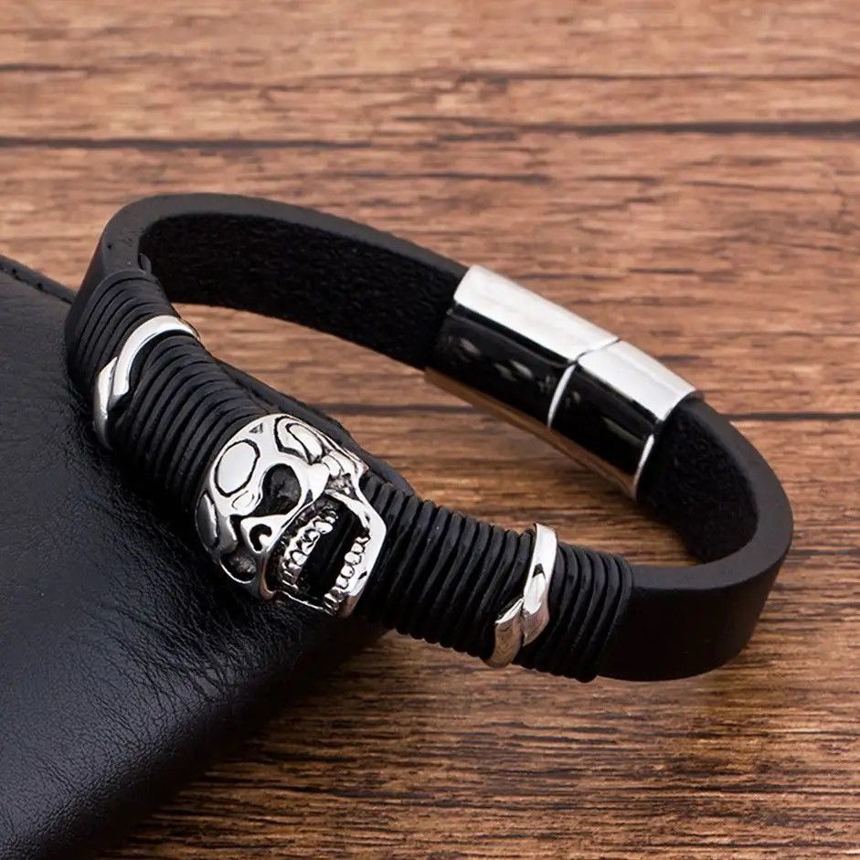 Other Punk Rock Skull Black Leather Bracelet Size ONE SIZE - 4 Thumbnail