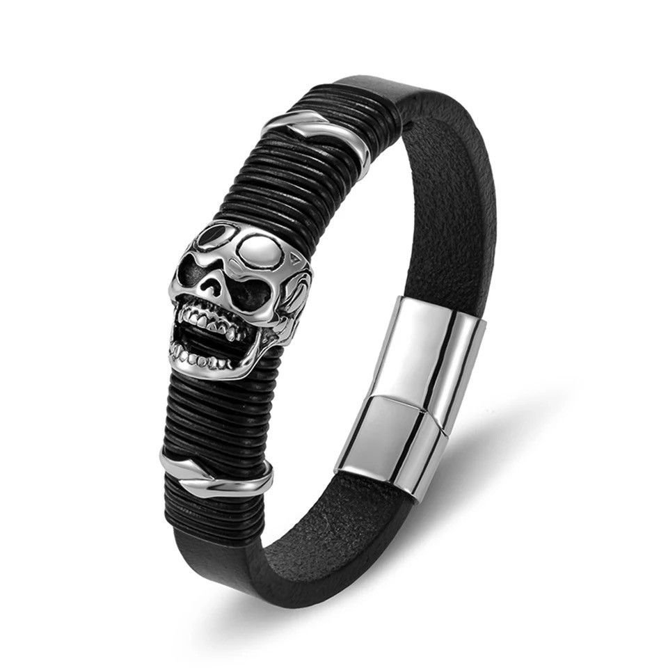 Other Punk Rock Skull Black Leather Bracelet Size ONE SIZE - 2 Thumbnail
