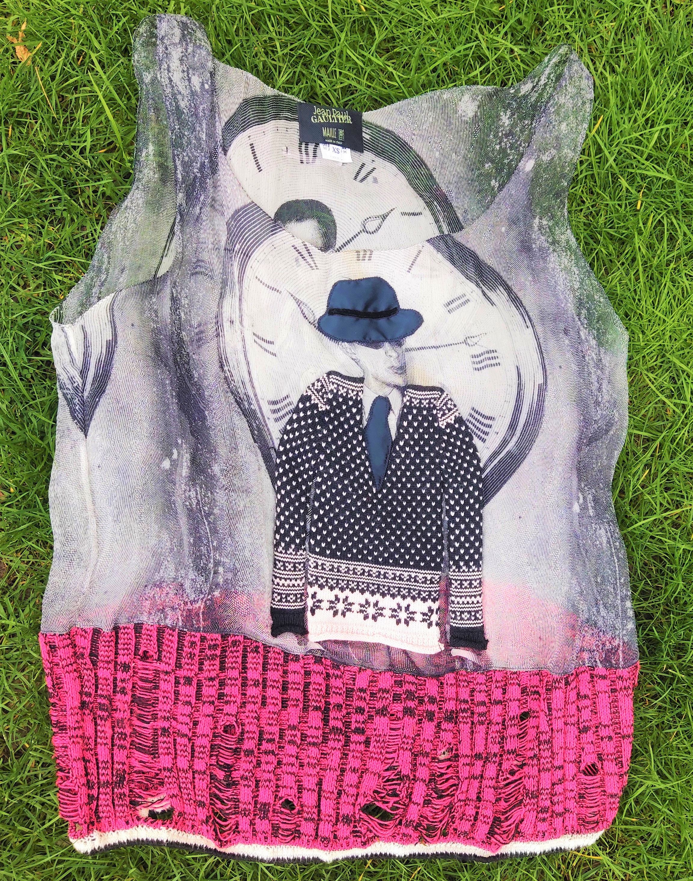 image of Jean Paul Gaultier Spy Secret Agent Mesh Shirt Tank Tee Top in Pink Black Colorful (Size Medium)