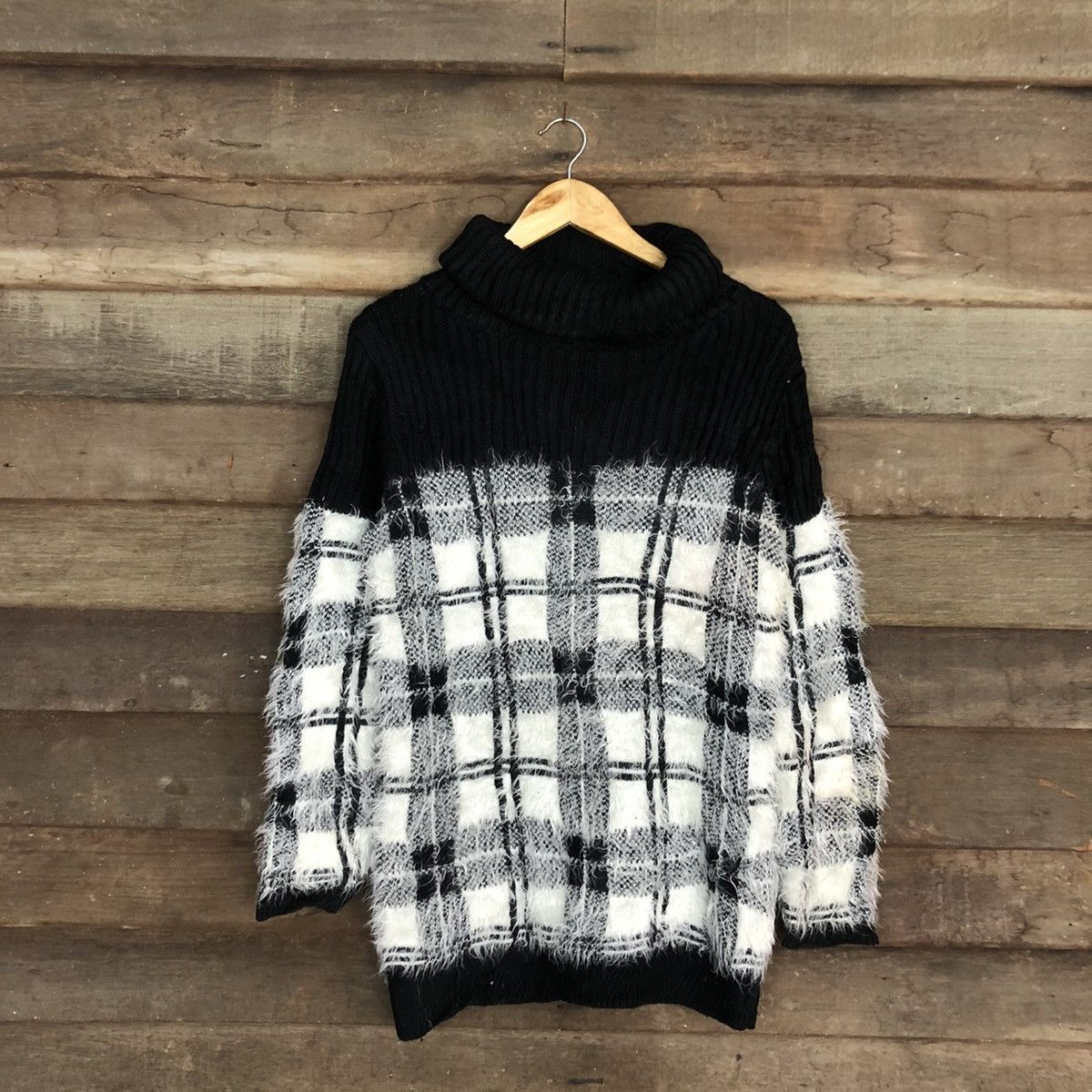 image of Homespun Knitwear Ingni Black Checkered Mohair Shag Shaggy Knitwear C1088 in Black White (Size Medi