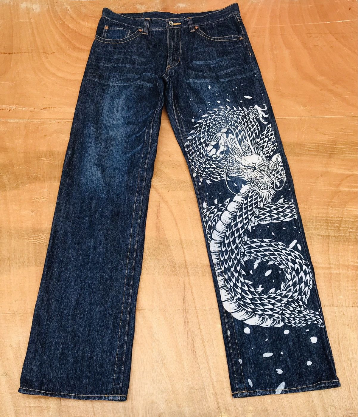 Japanese Brand Rare Sukajan big dragon painted japan motive denim waist 33 Size US 33 - 2 Thumbnail