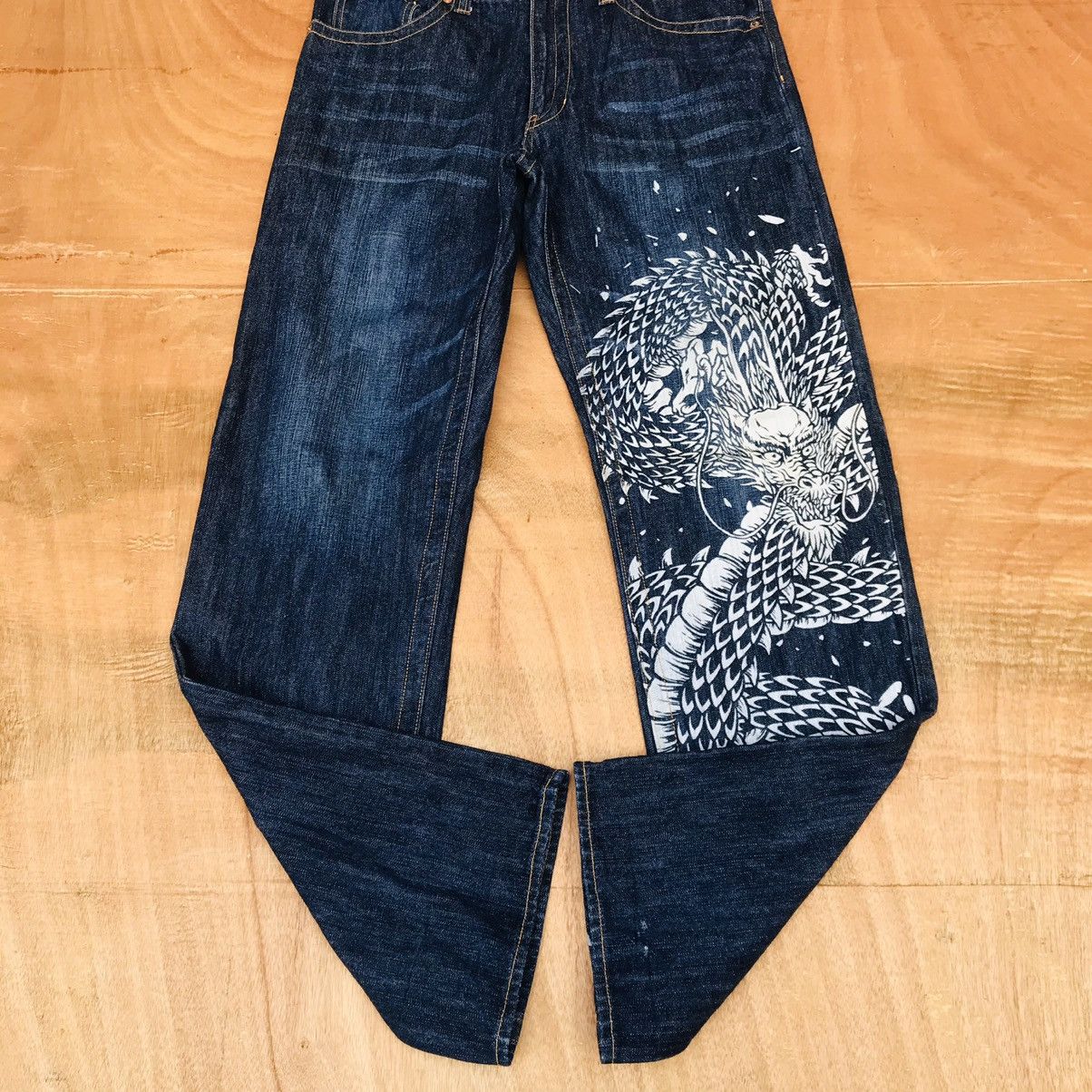 Japanese Brand Rare Sukajan big dragon painted japan motive denim waist 33 Size US 33 - 4 Thumbnail