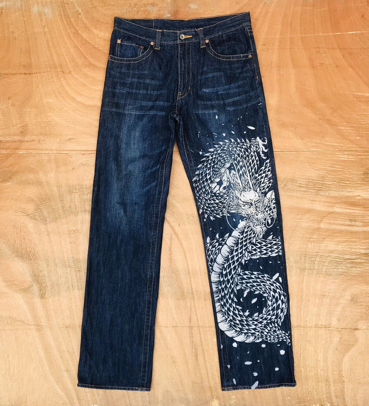 Japanese Brand Rare Sukajan big dragon painted japan motive denim waist 33 Size US 33 - 1 Thumbnail
