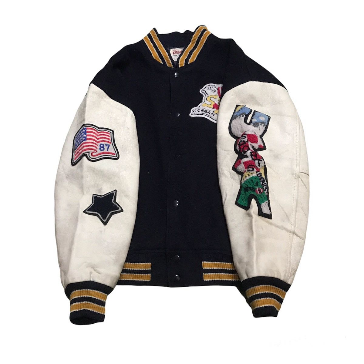 image of Leather Jacket x Varsity Jacket Vintage Varsity Dream Boy 1958 Usa Flag 87 Patches Leather in Black