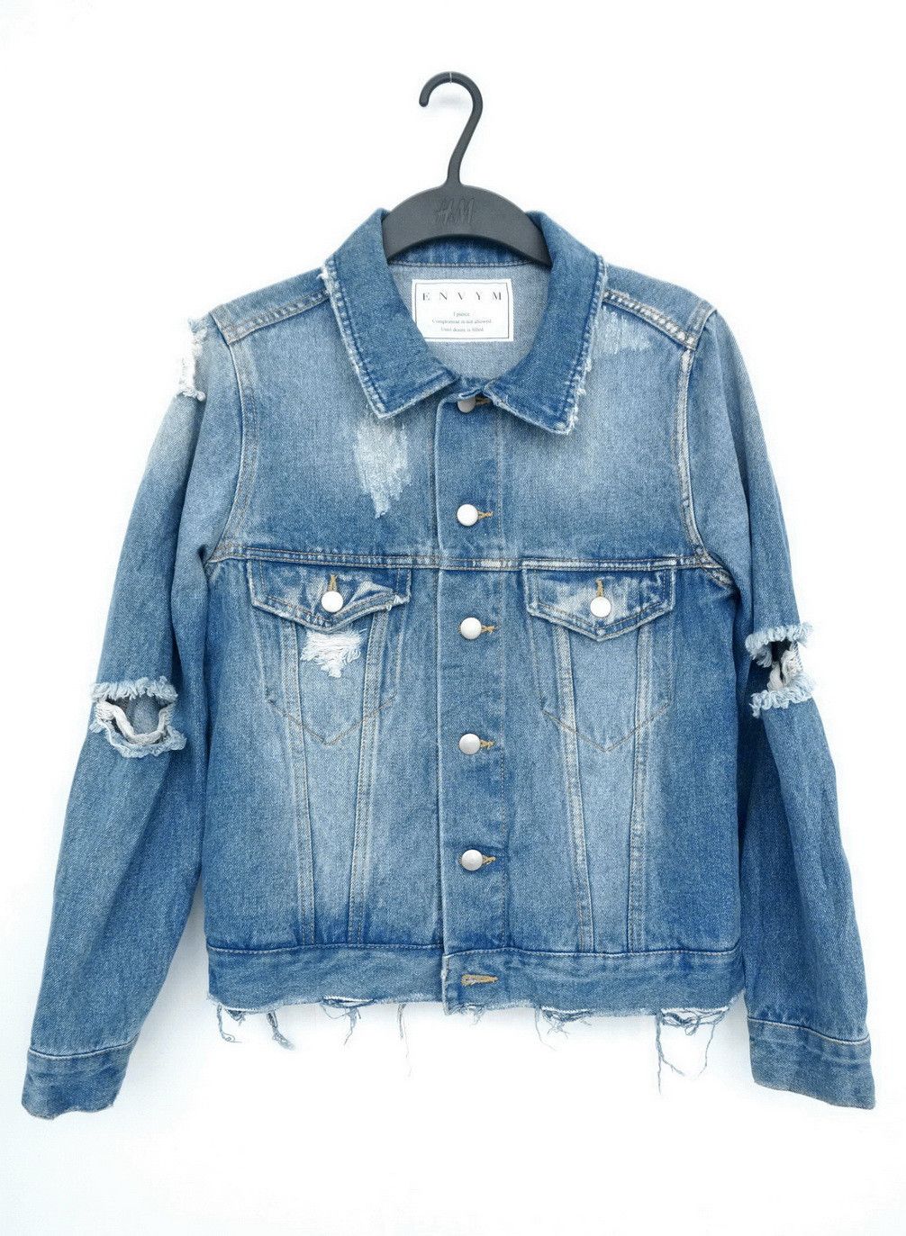 image of Envym Japan Distressed Ripped Womens Denim Jacket in Denim Blue (Size XS)