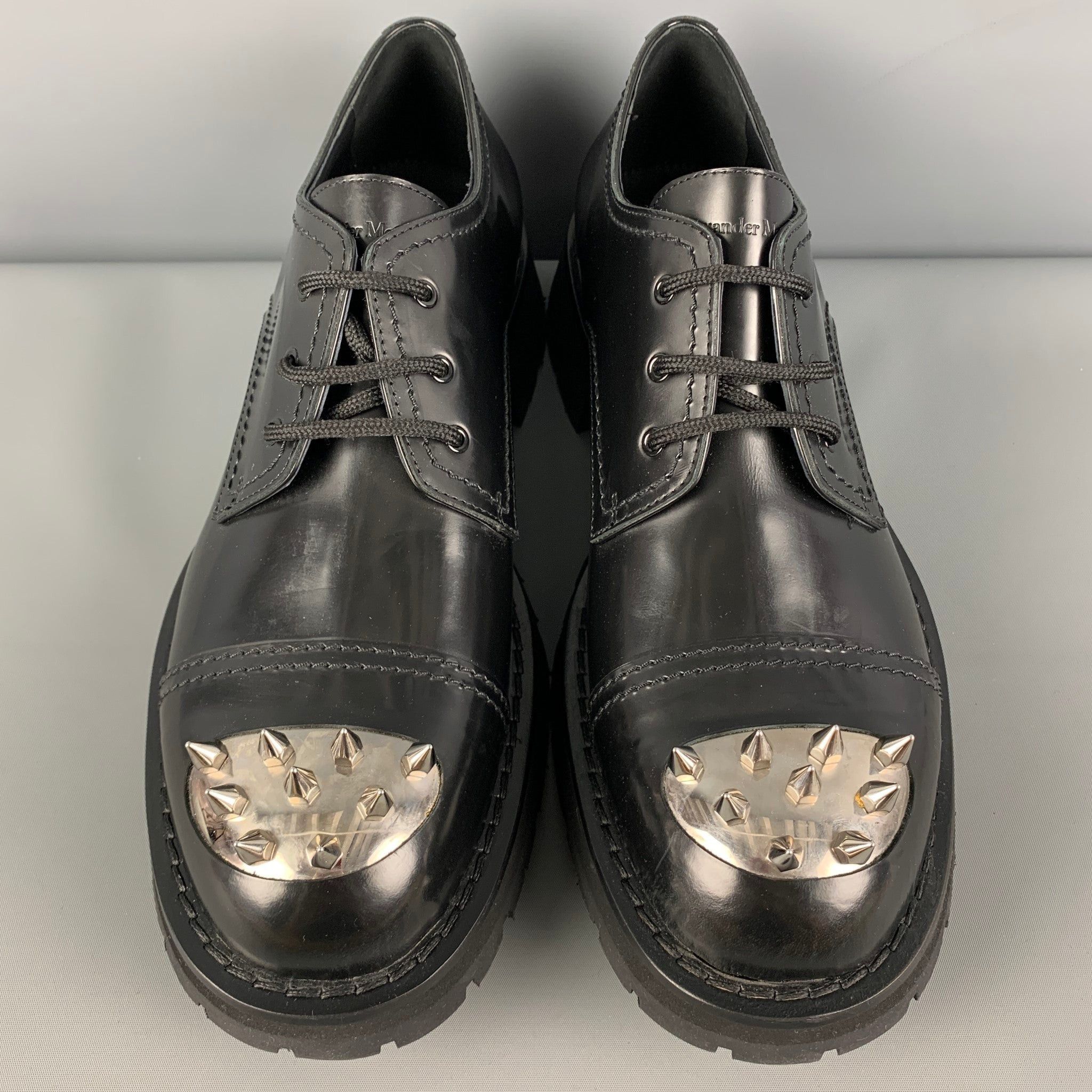 Pre-owned Alexander Mcqueen Black Silver Spikes Leather Lace Up Shoes