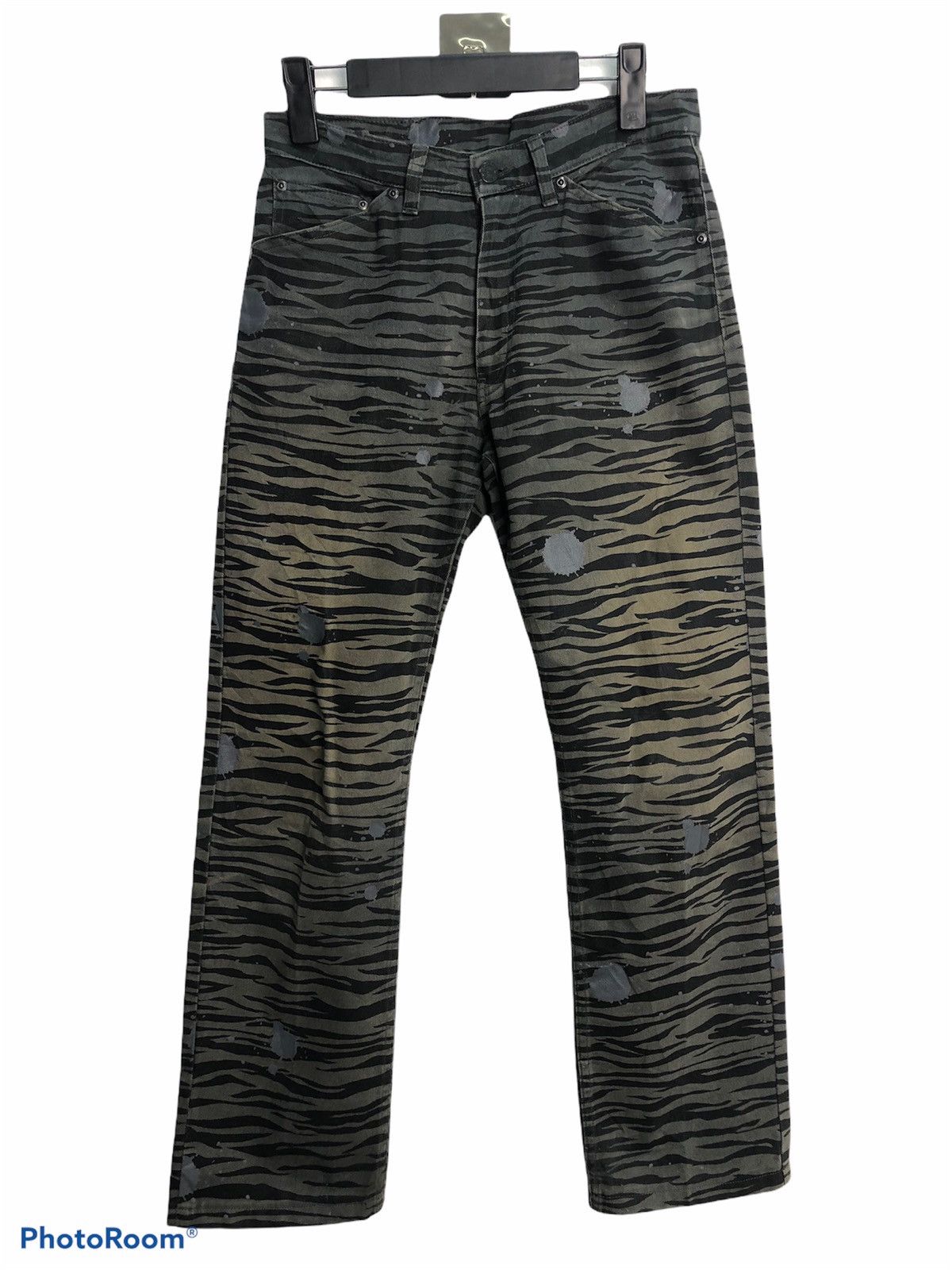image of Vintage Japanese Dept Leopard Strips Splatter Paint Pants in Leopard Black, Men's (Size 28)