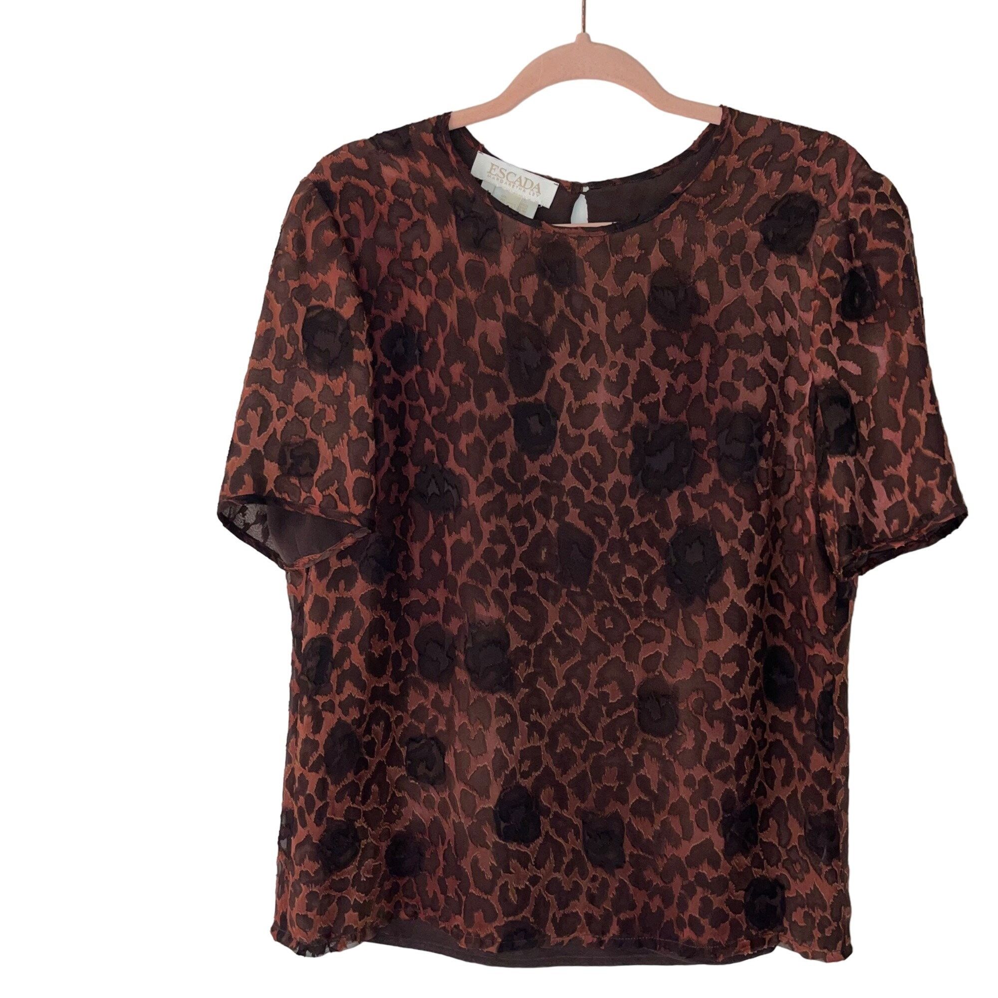 Escada Vintage Womens Blouse Size 10 Brown Leopard Print
