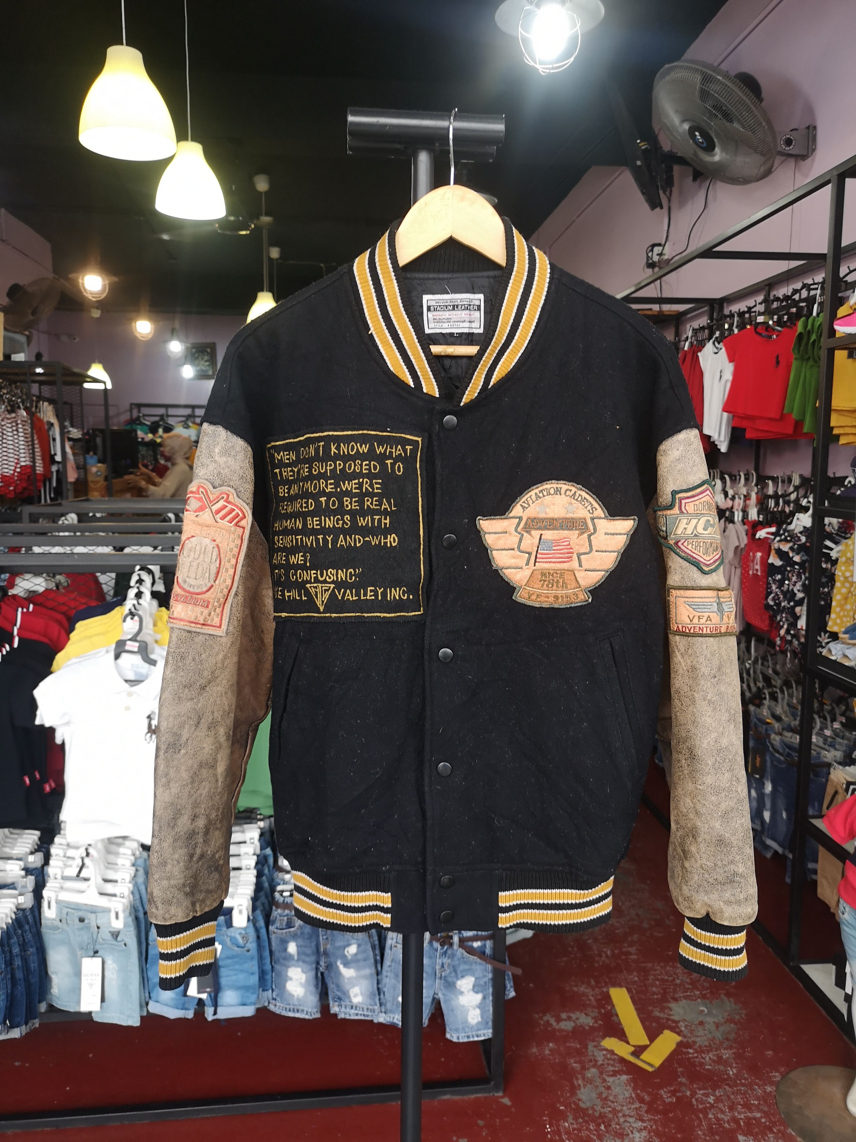 image of Leather Jacket x Varsity Jacket Vintage Embroidered Stadium Varsity Jacket in Black (Size Large)