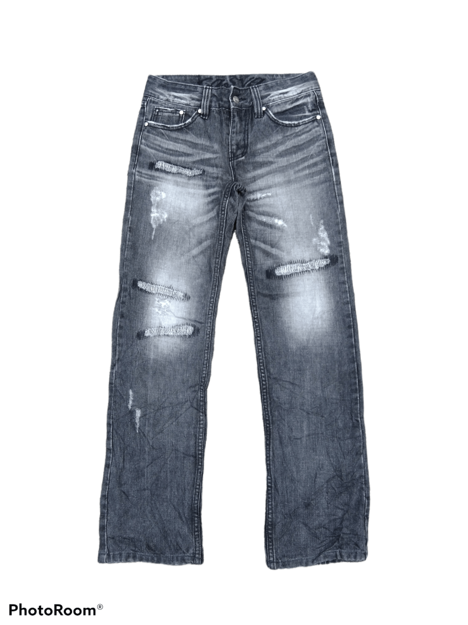 image of Distressed Denim Washed Black Casva Denim Pants, Men's (Size 28)