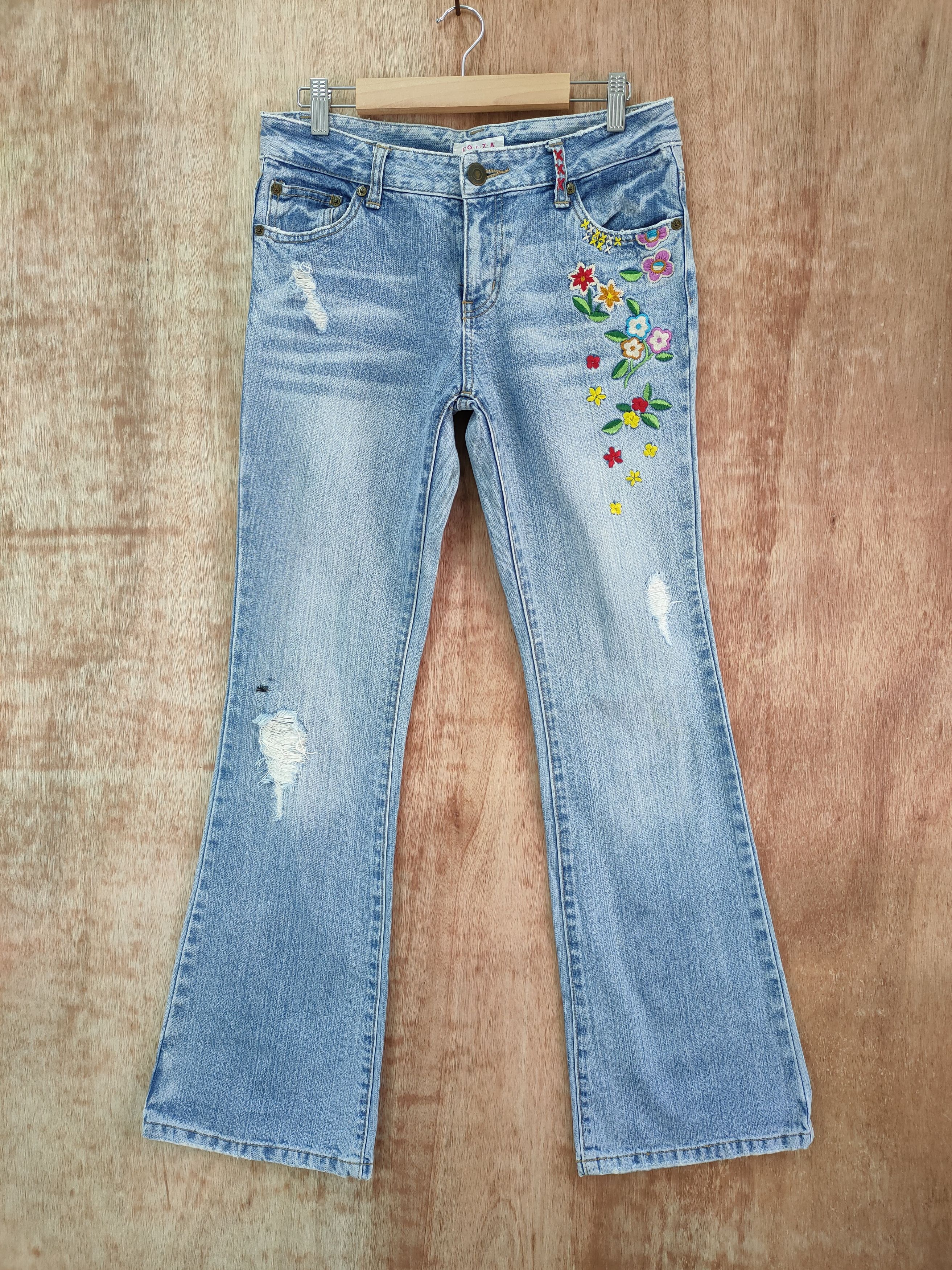 image of Art Golza Flower Flare Denim Jeans Pants in Blue Denim, Men's (Size 30)