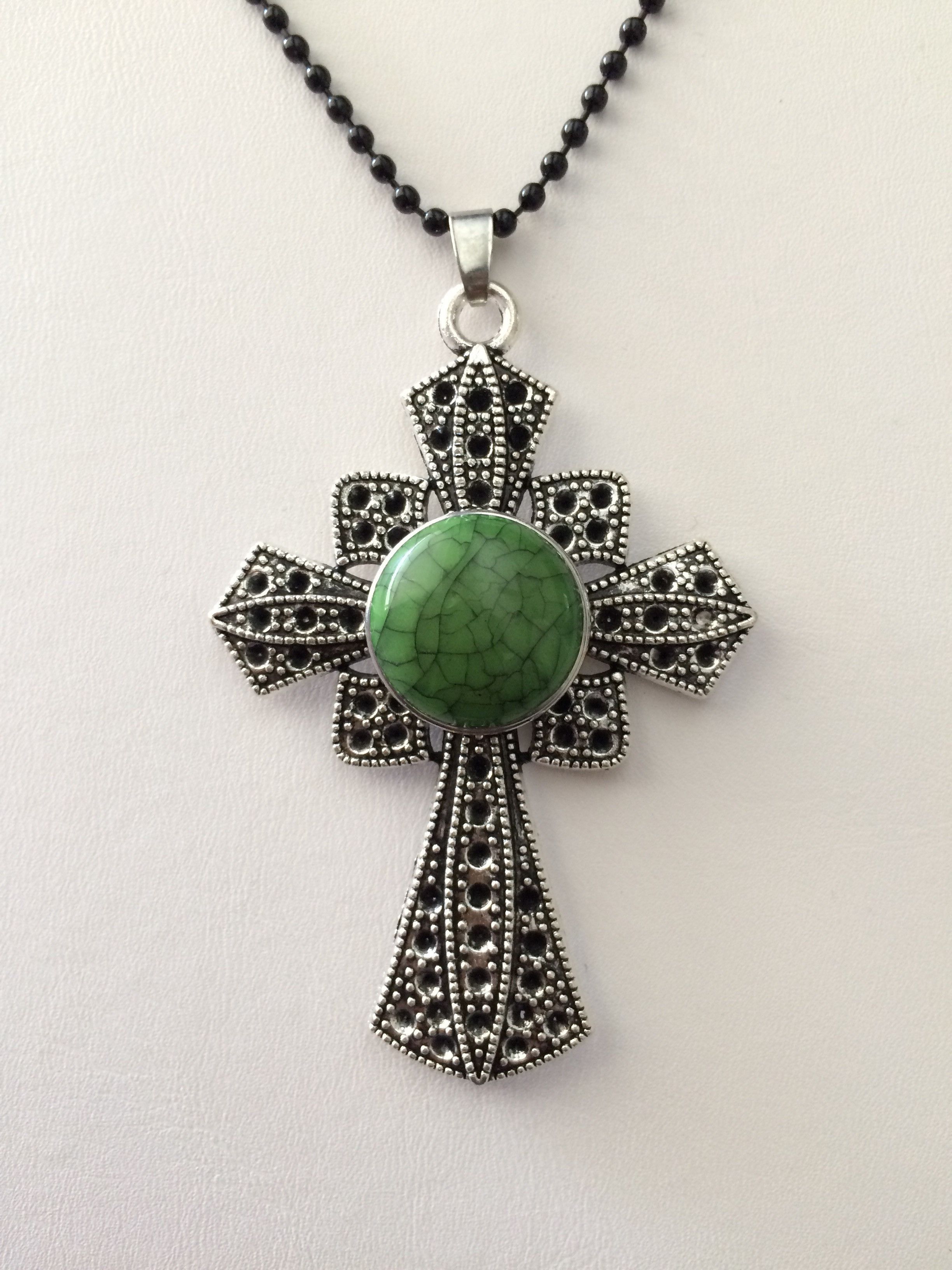 Jewelry Cross Chunk Button Tibetan silver Pendant Necklace - Green Size ONE SIZE - 3 Thumbnail