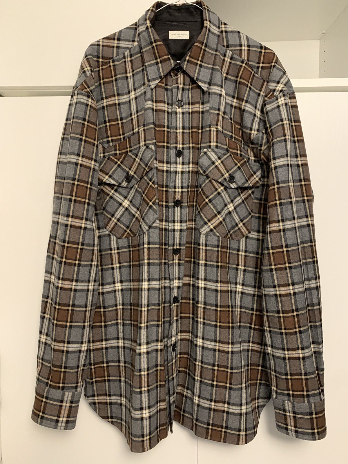 image of Dries Van Noten Oversize Check Shirt in Brown Grey Black, Men's (Size Large)