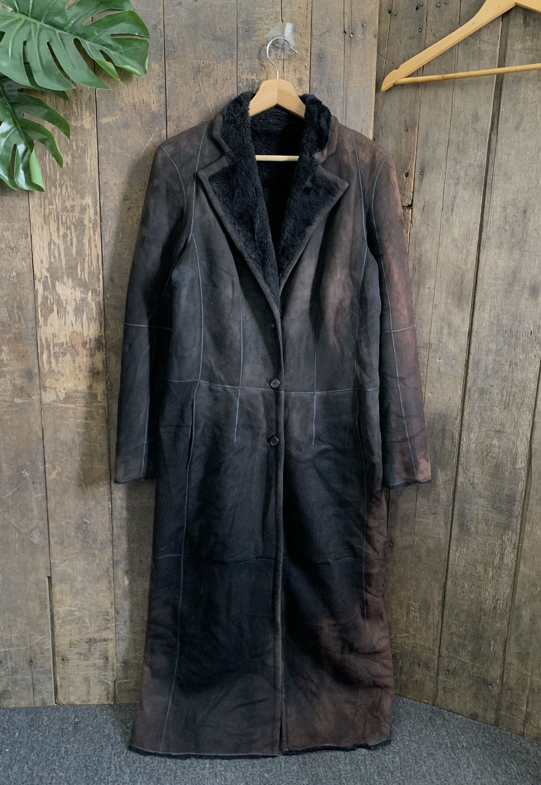 image of Vintage Faded Loewe Leather Long Jacket With Sherpa Lining in Brown, Women's (Size Small)