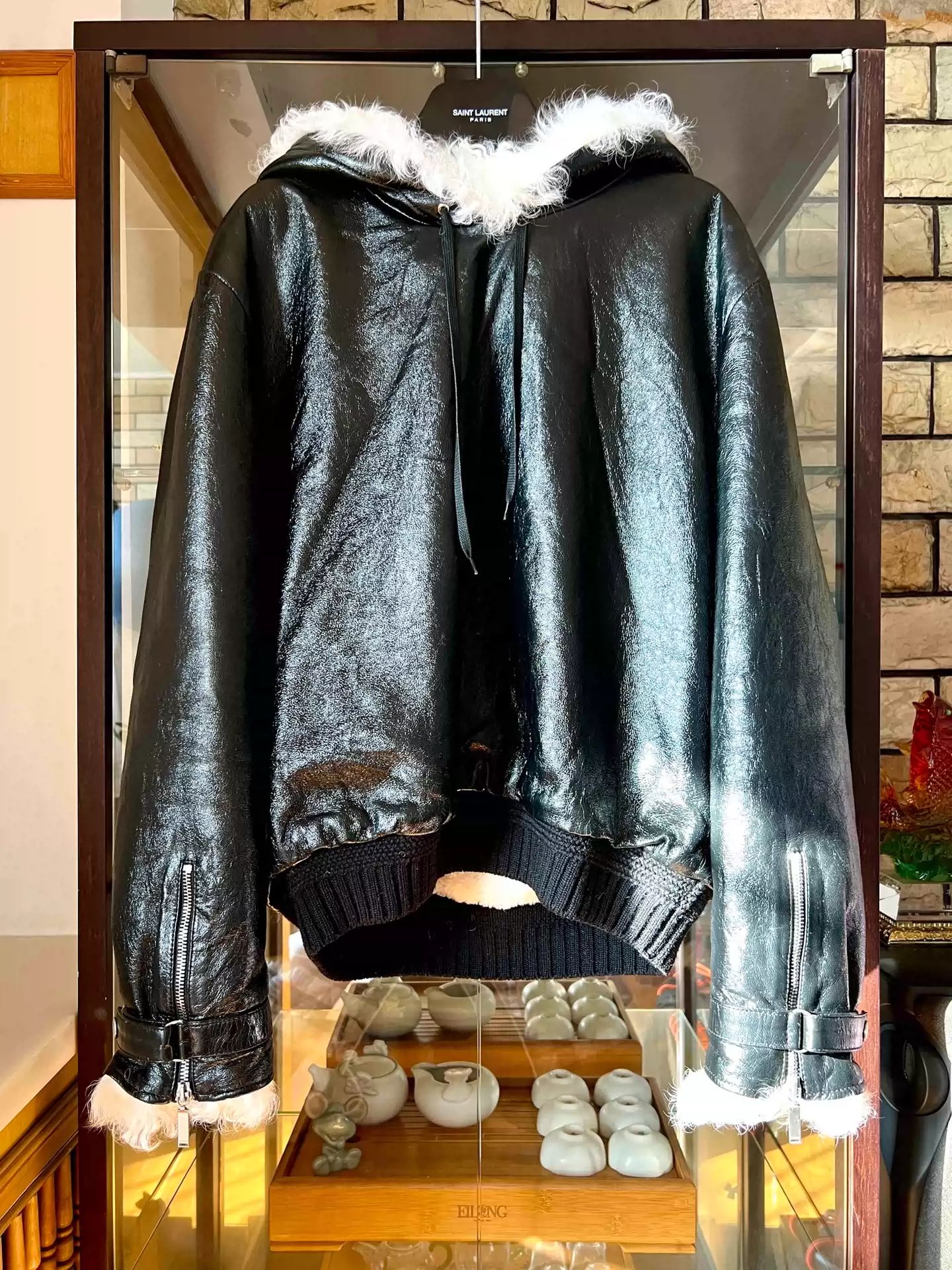 Pre-owned Saint Laurent Show Style Sheepskin Hooded Sweatshirt Leather Jacket In Black