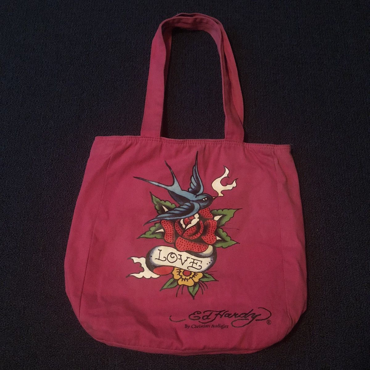 VTG Y2K Ed Hardy Christian Audigier Studded Love Tote Bag in Pink, Women's