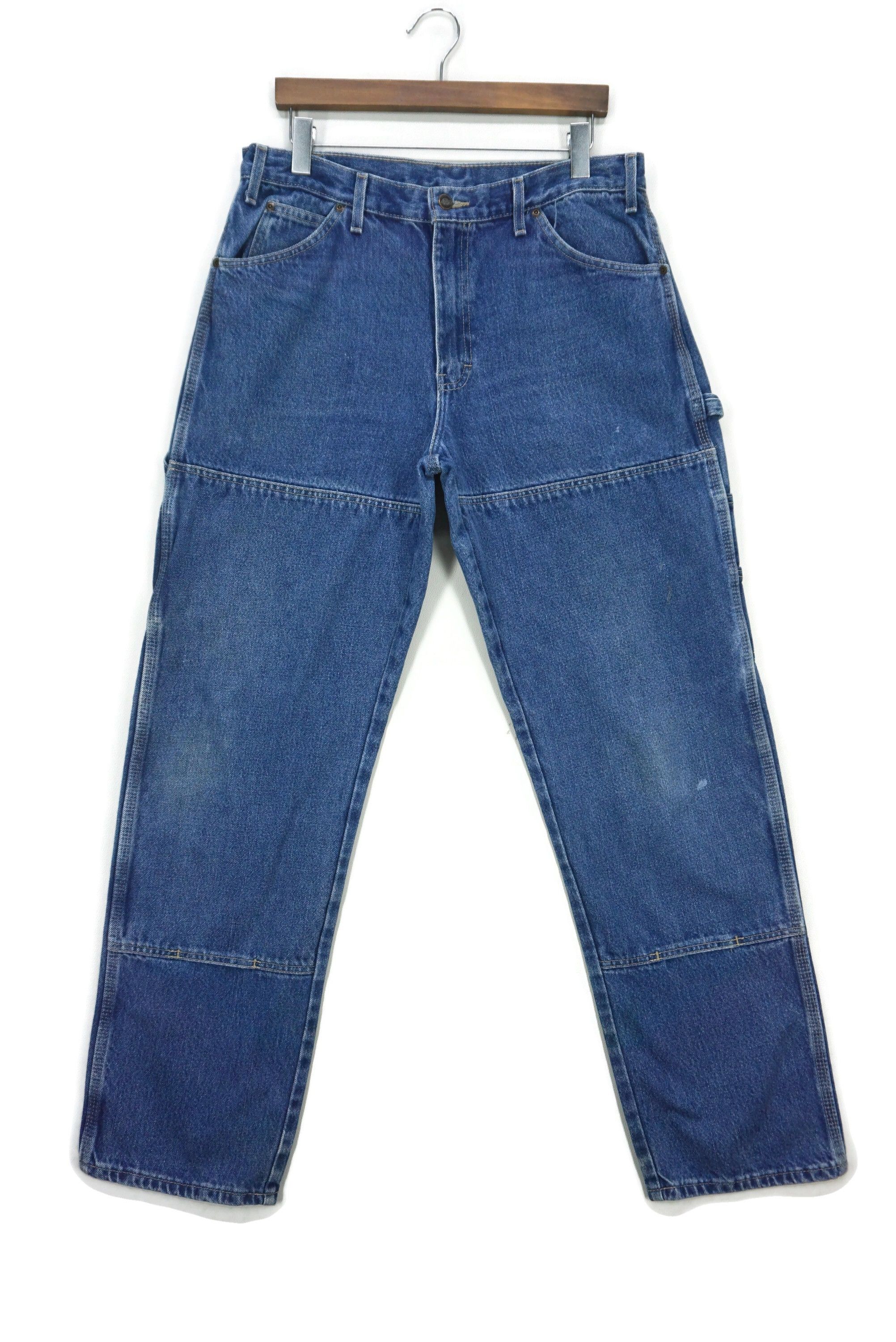 image of Dickies x Workers Double Knee Carpenter Workwear Hickory Skateboards Dungarees in Blue (Size 34)