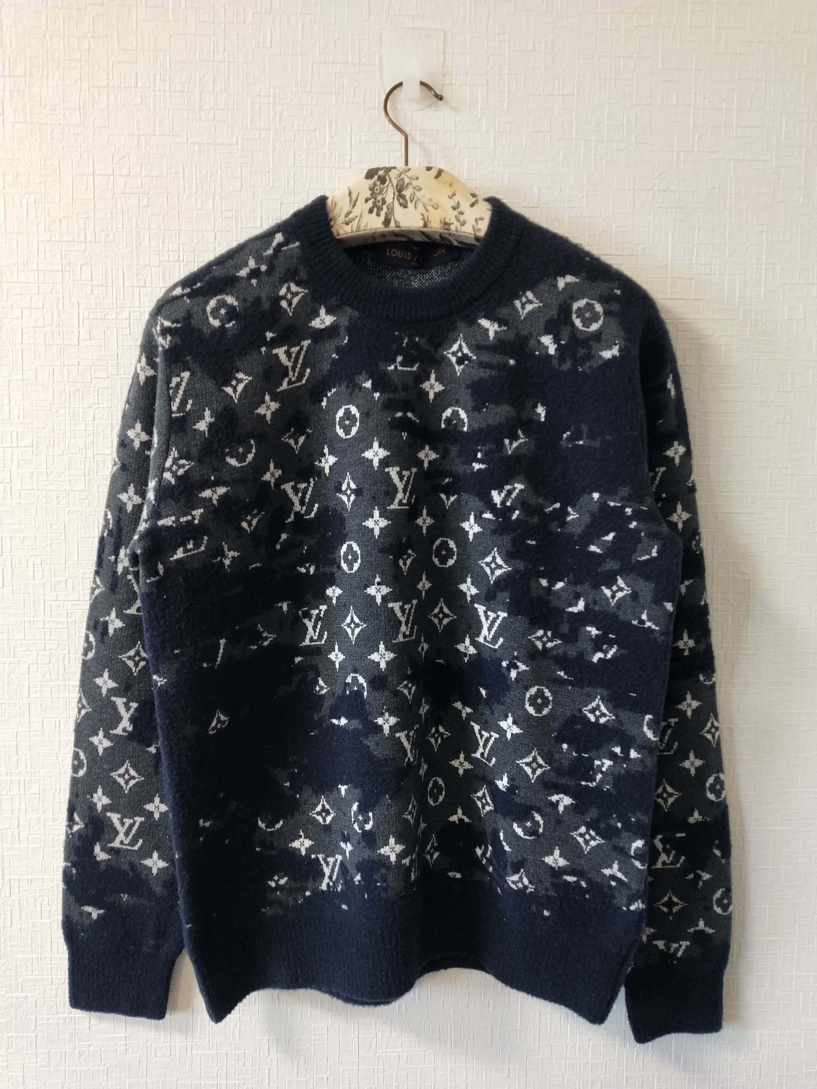 Pre owned Louis Vuitton Distressed Flock Monogram Sweater In Navy