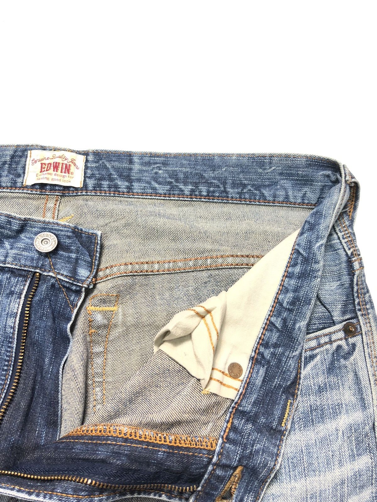 Edwin × Vintage VINTAGE EDWIN LEATHER PATCH DISTRESSED BLUE WASH DENIM Size US 36 / EU 52 - 9 Thumbnail
