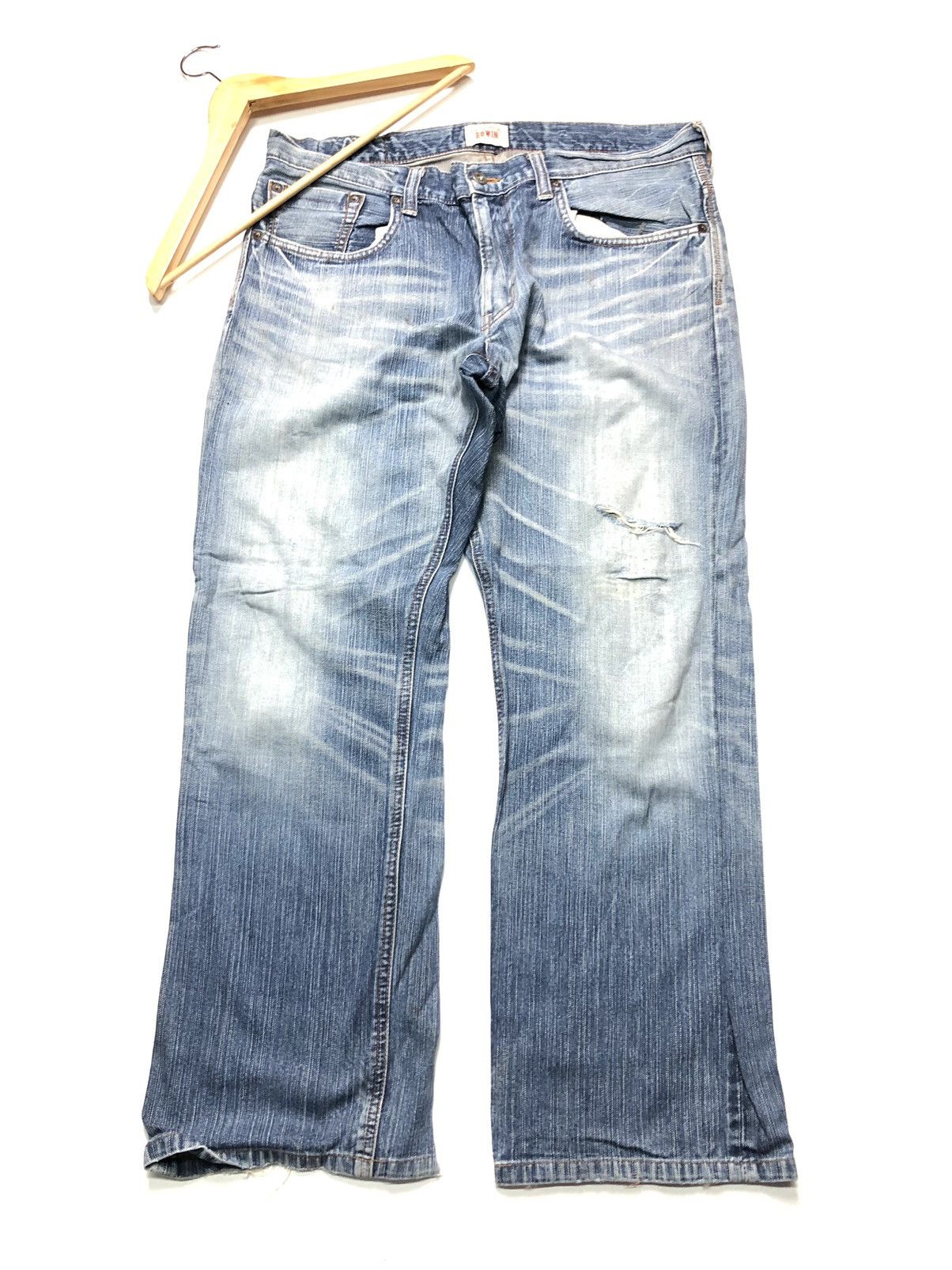 Edwin × Vintage VINTAGE EDWIN LEATHER PATCH DISTRESSED BLUE WASH DENIM Size US 36 / EU 52 - 6 Thumbnail