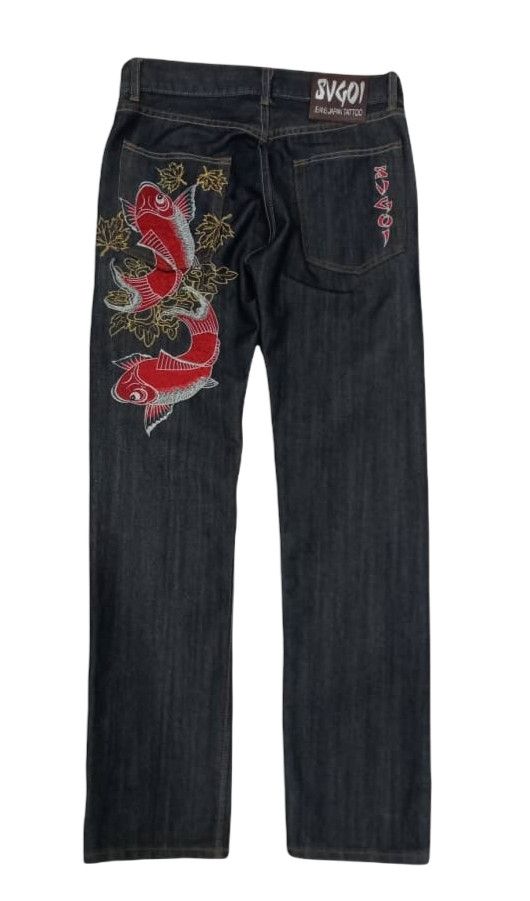 image of Sukajan Souvenir Jacket Vintage Sukajan Koi Embroidery Denim in Blue Black (Size 30)