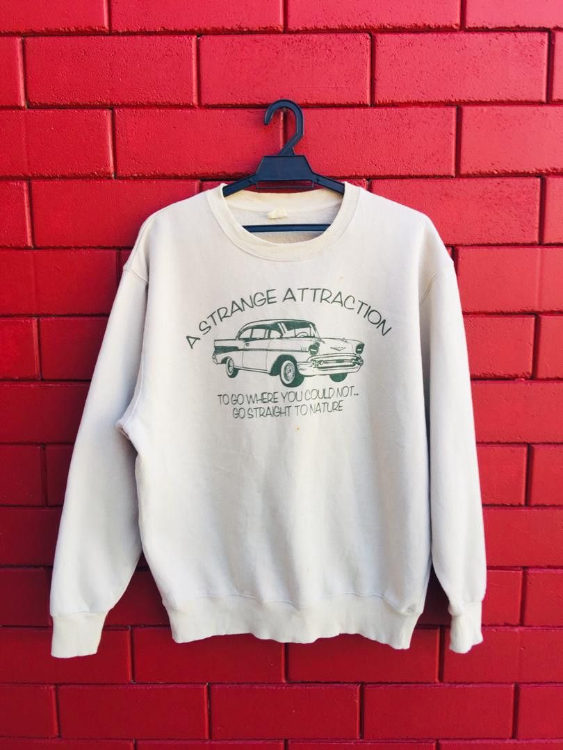 image of A Strange Attraction Vintage Car Japanese Style Sweatshirt in Cream, Men's (Size Large)