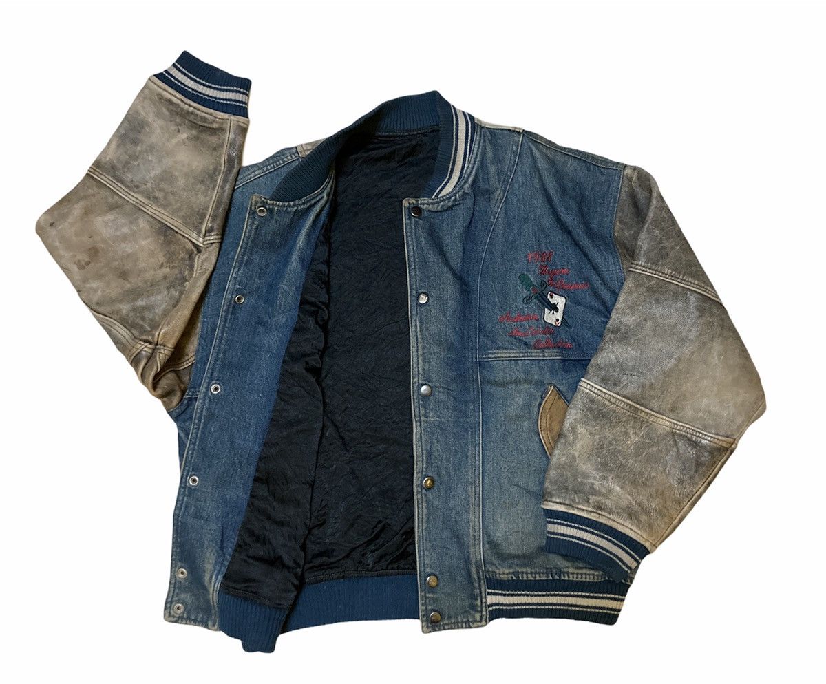 Japanese Brand RAZZO PULCINO LEATHER ARM DENIM VARSITY JACKET Size US XL / EU 56 / 4 - 3 Thumbnail