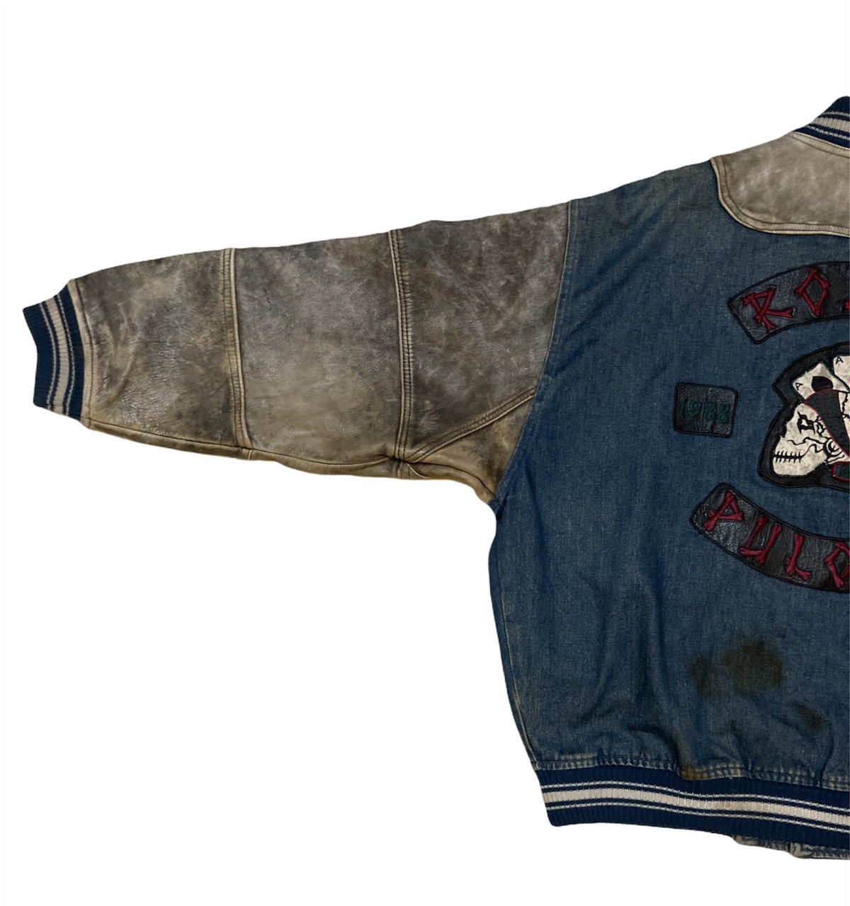 Japanese Brand RAZZO PULCINO LEATHER ARM DENIM VARSITY JACKET Size US XL / EU 56 / 4 - 7 Thumbnail
