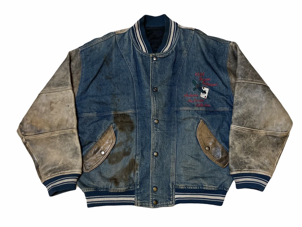 Japanese Brand RAZZO PULCINO LEATHER ARM DENIM VARSITY JACKET Size US XL / EU 56 / 4 - 2 Thumbnail