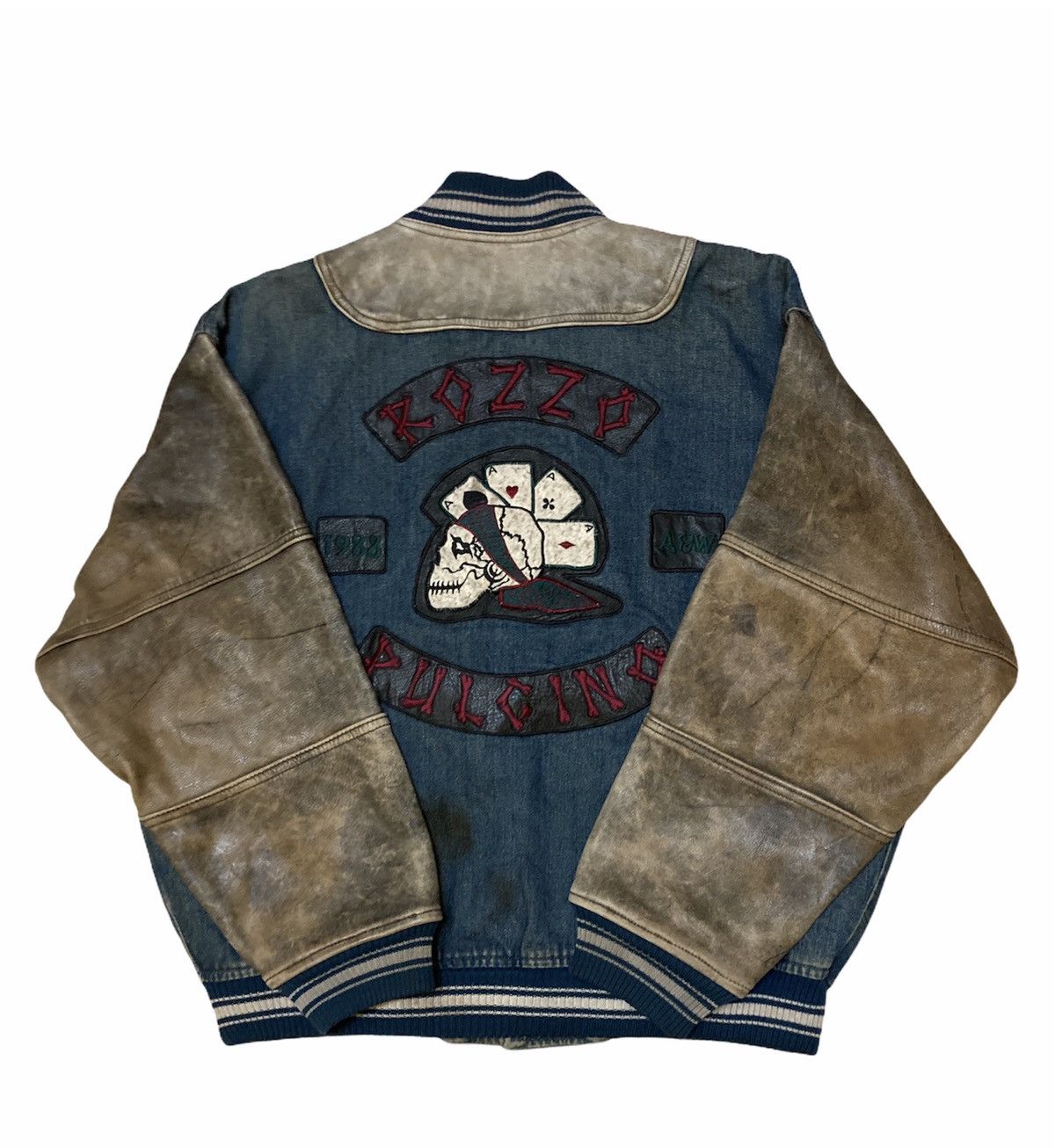 Japanese Brand RAZZO PULCINO LEATHER ARM DENIM VARSITY JACKET Size US XL / EU 56 / 4 - 6 Thumbnail