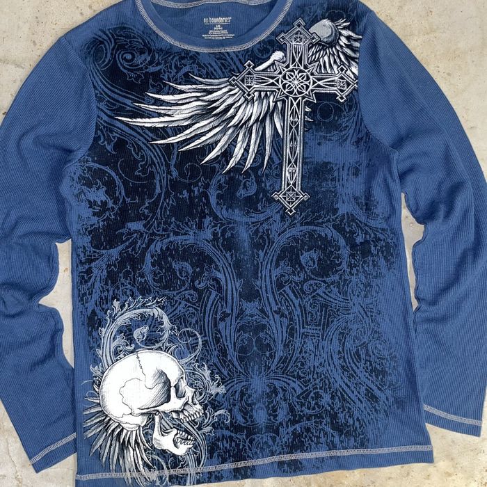 Affliction Y2K Skull Wings Cyber Grunge Punk Blue Thermal Tee Large ...