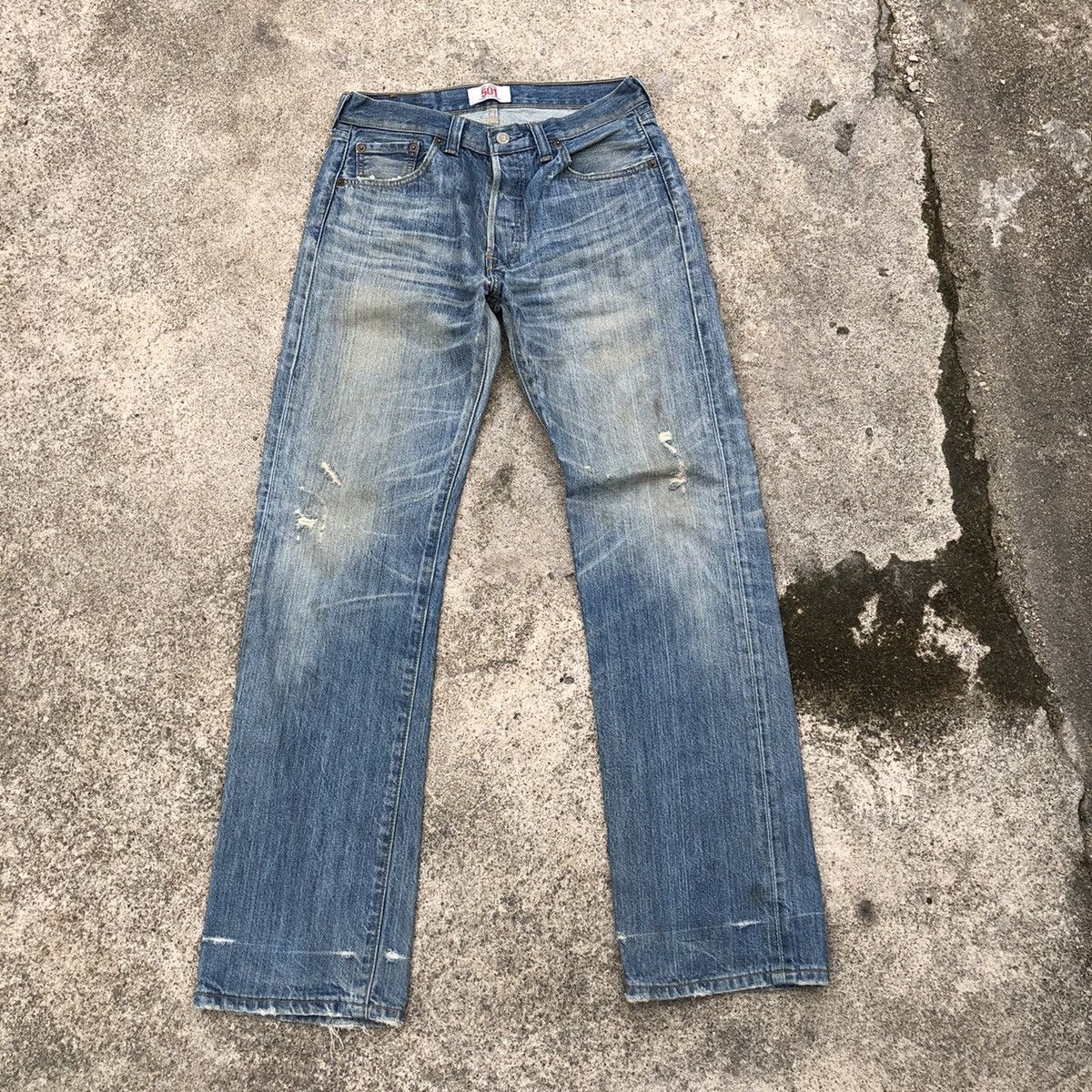 image of Distressed Denim x Levis 501 Stoned Wash Rips Distress Denim Jeans in Blue Wash, Men's (Size 30)