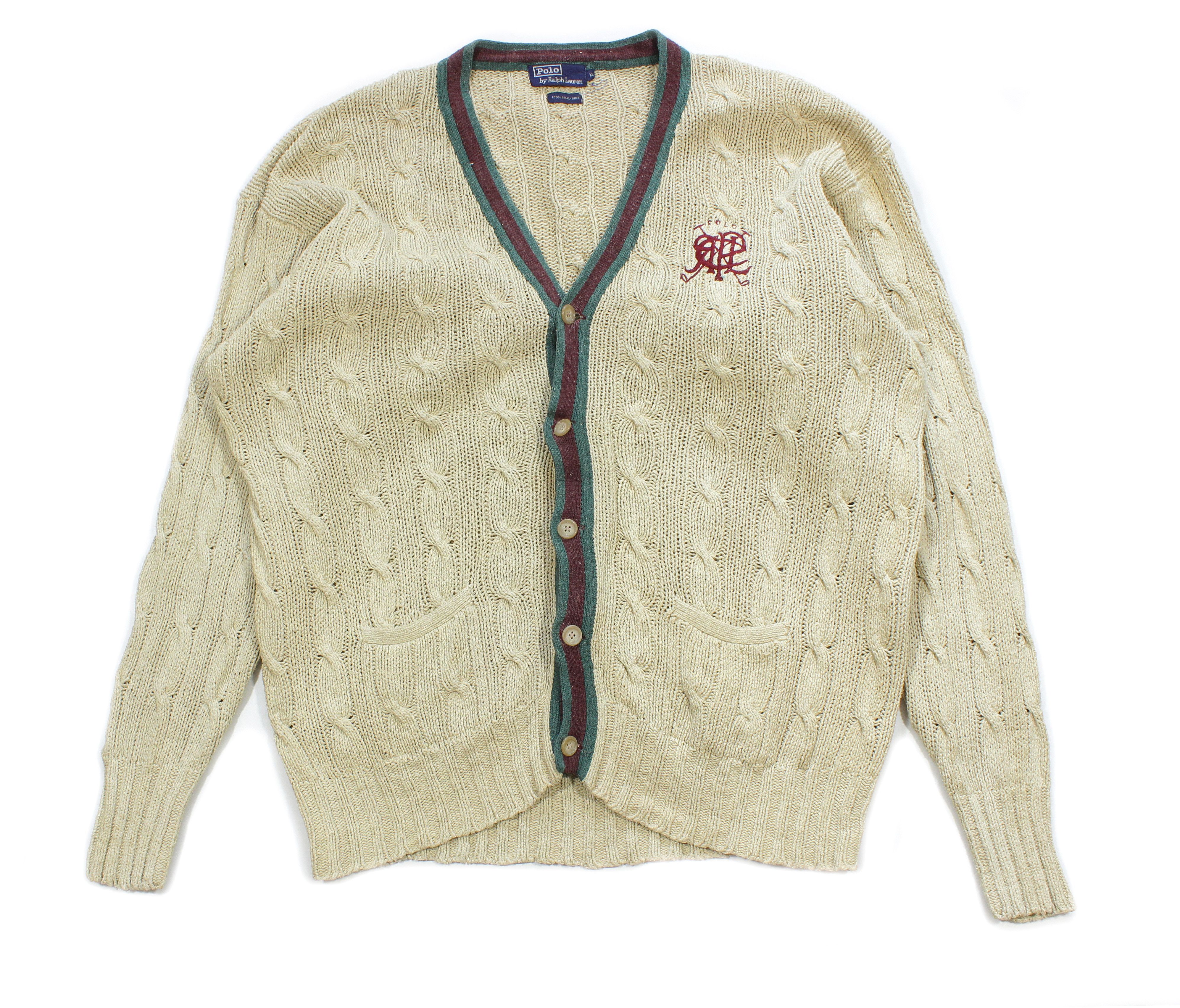 Ralph Lauren 90S Logo Silk Skeleton Cable Knit Cardigan Vintage