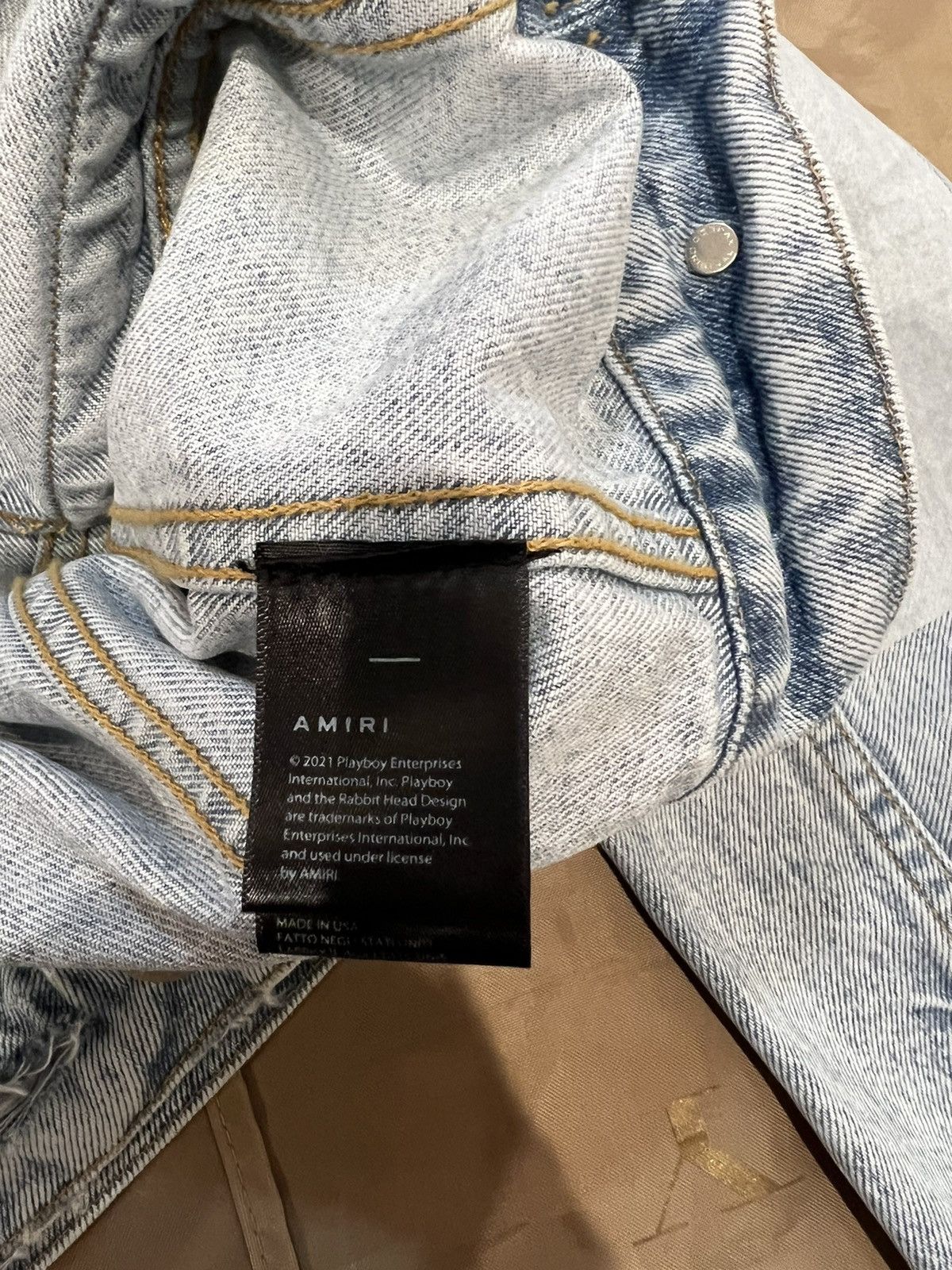 Amiri AMIRI x Playboy distressed-finish denim jacket size M $2800 Size US M / EU 48-50 / 2 - 5 Thumbnail