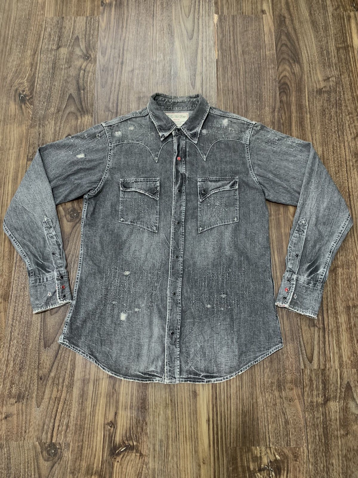 image of Distressed Denim x Edwin Destroy Style Western Shirt Snap Button in Distressed Faded Dark Grey (Siz