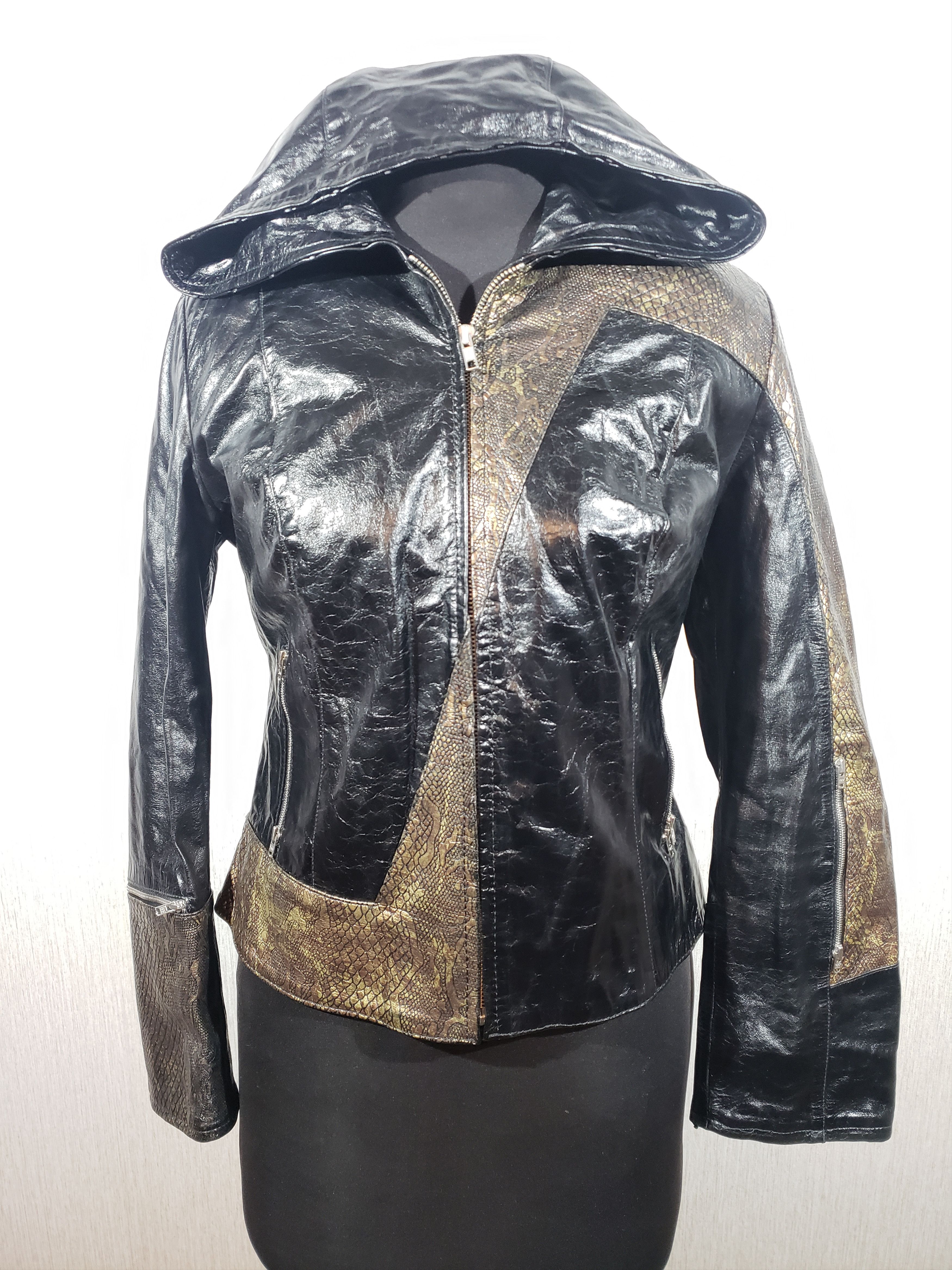 Mysterious black women's leather jacket with a hood.