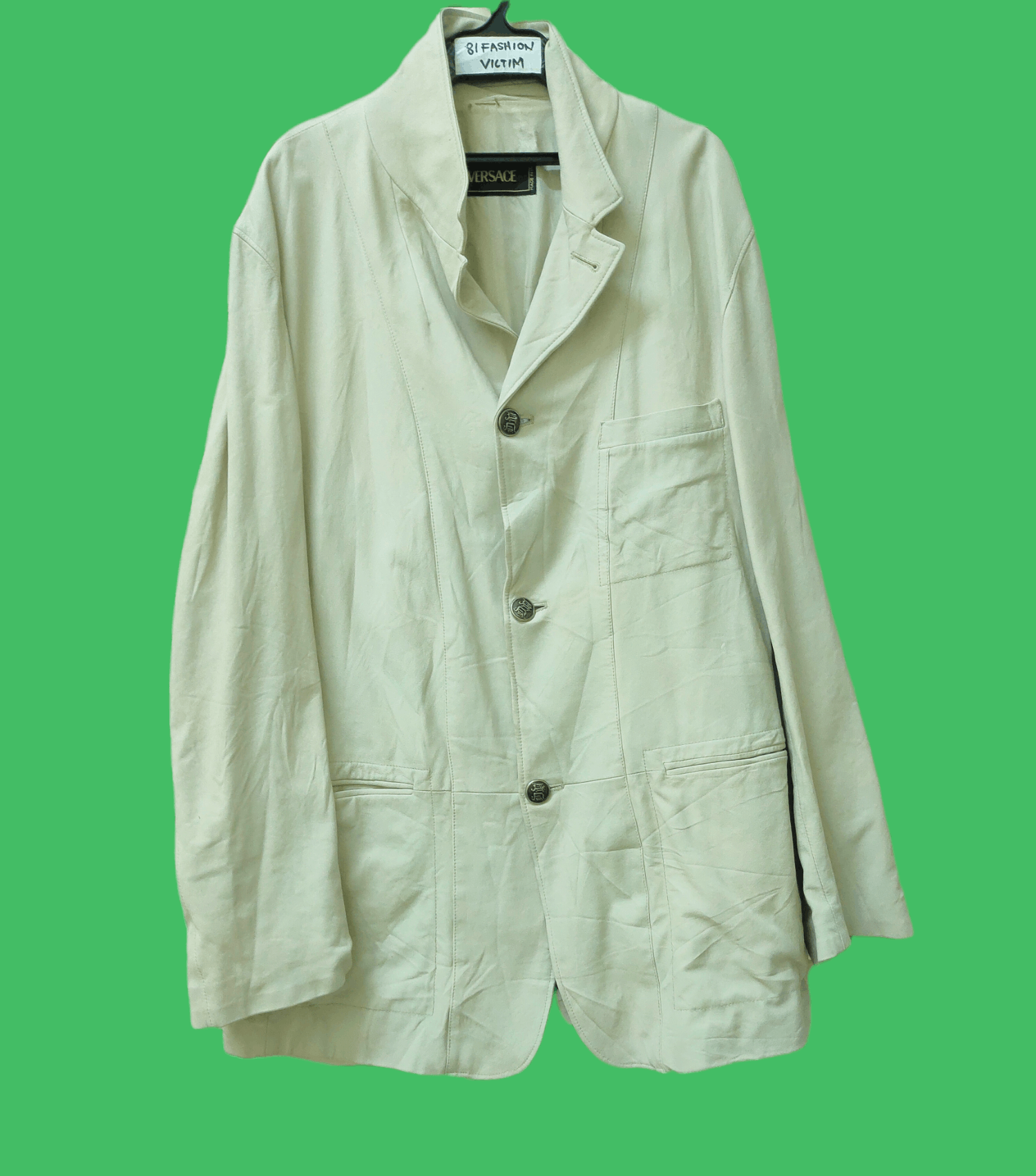 image of Versace Medusa Vintage Made In Italy Leather Trench Coat in Cream Yellow, Men's (Size Medium)