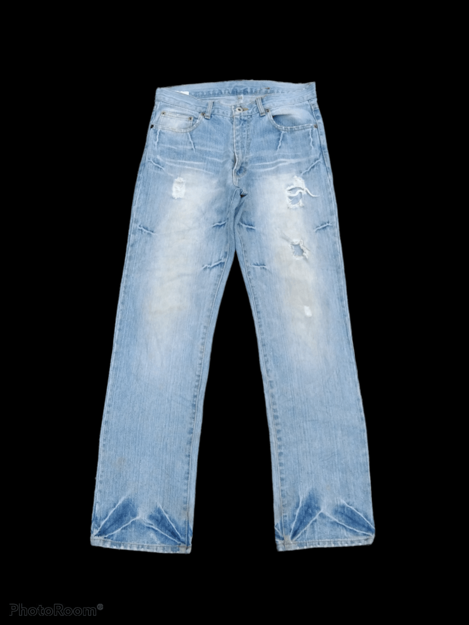 image of Distressed Denim Light Blue Unbrand Denim Pants in Blue Distressed, Men's (Size 31)