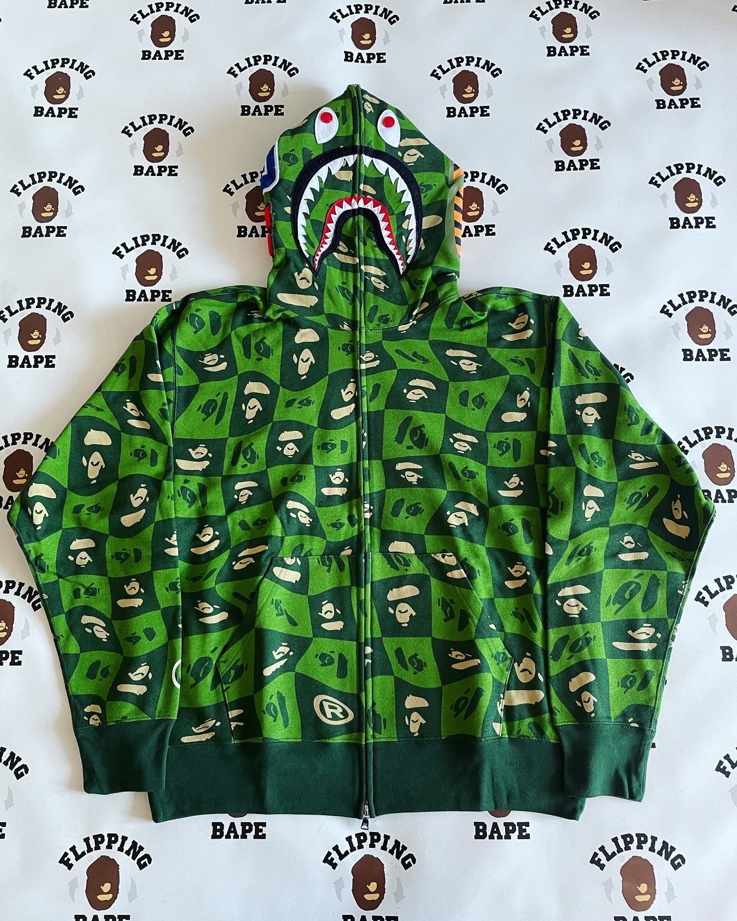 image of Bape Distortion Shark Relaxed Fit Full Zip Hoodie in Green, Men's (Size XL)