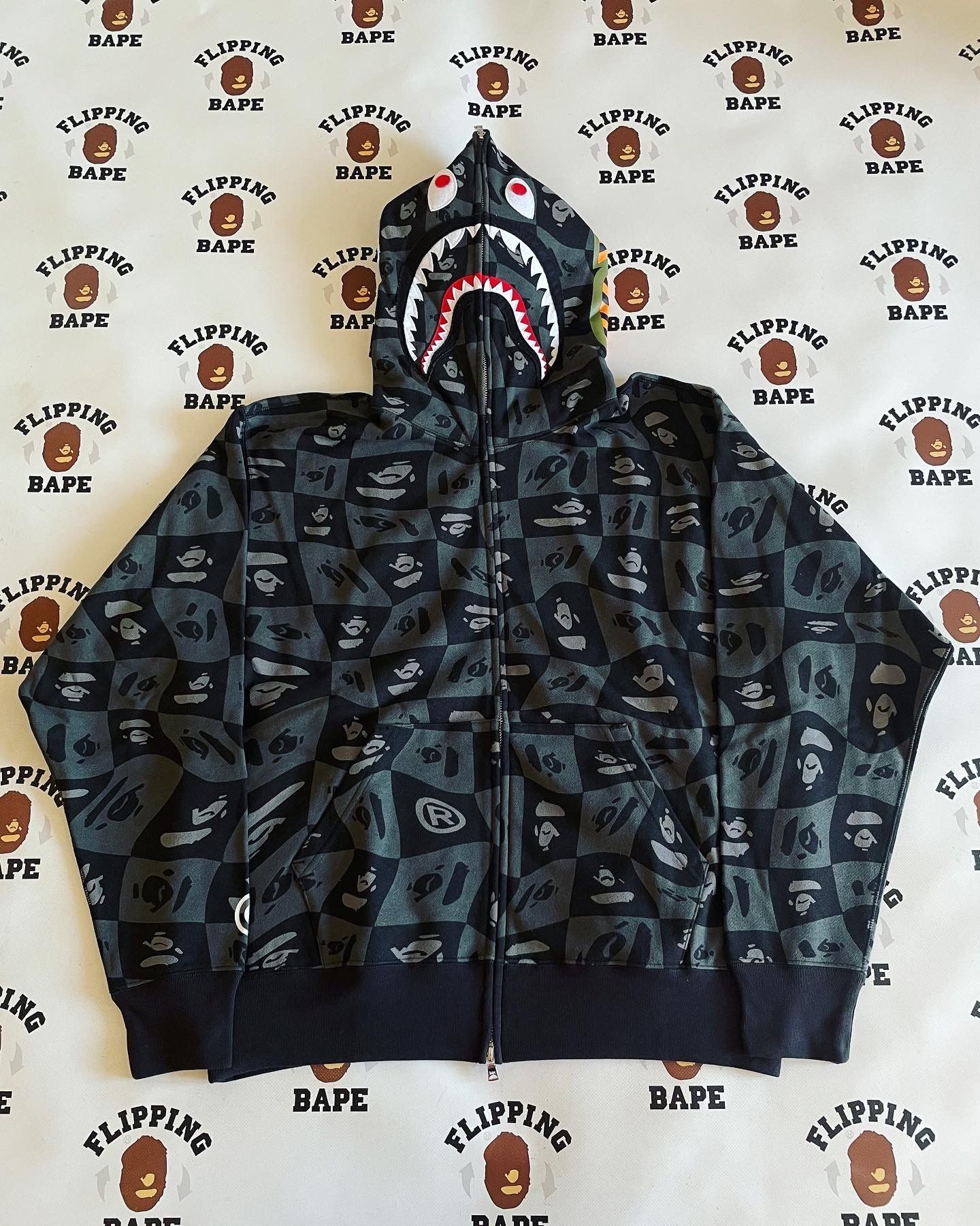 Image of Bape Distortion Shark Relaxed Fit Full Zip Hoodie in Black, Men's (Size XL)