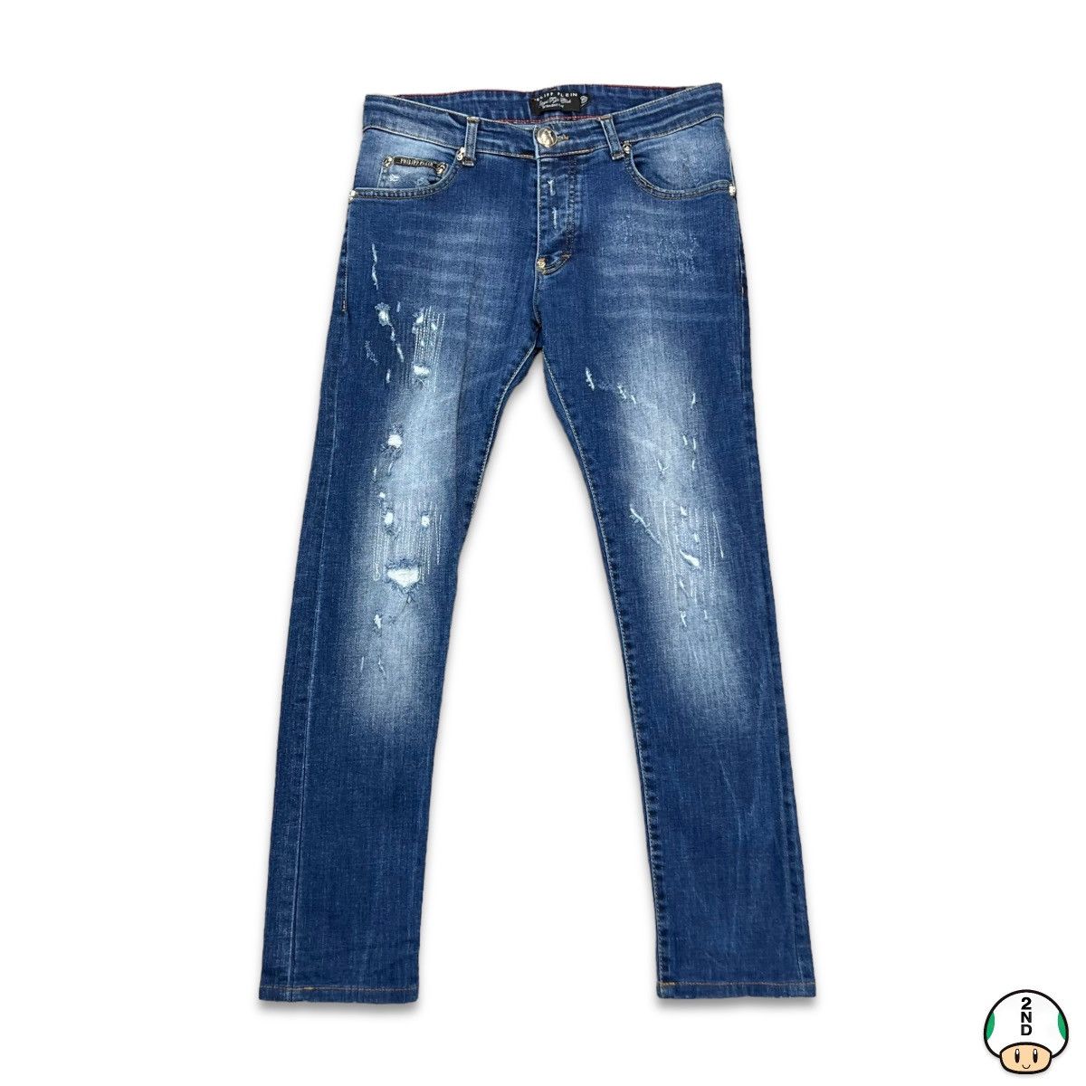 image of Philipp Plein Mens Distressed Straight Cut Denim Jeans 31X28 in Blue
