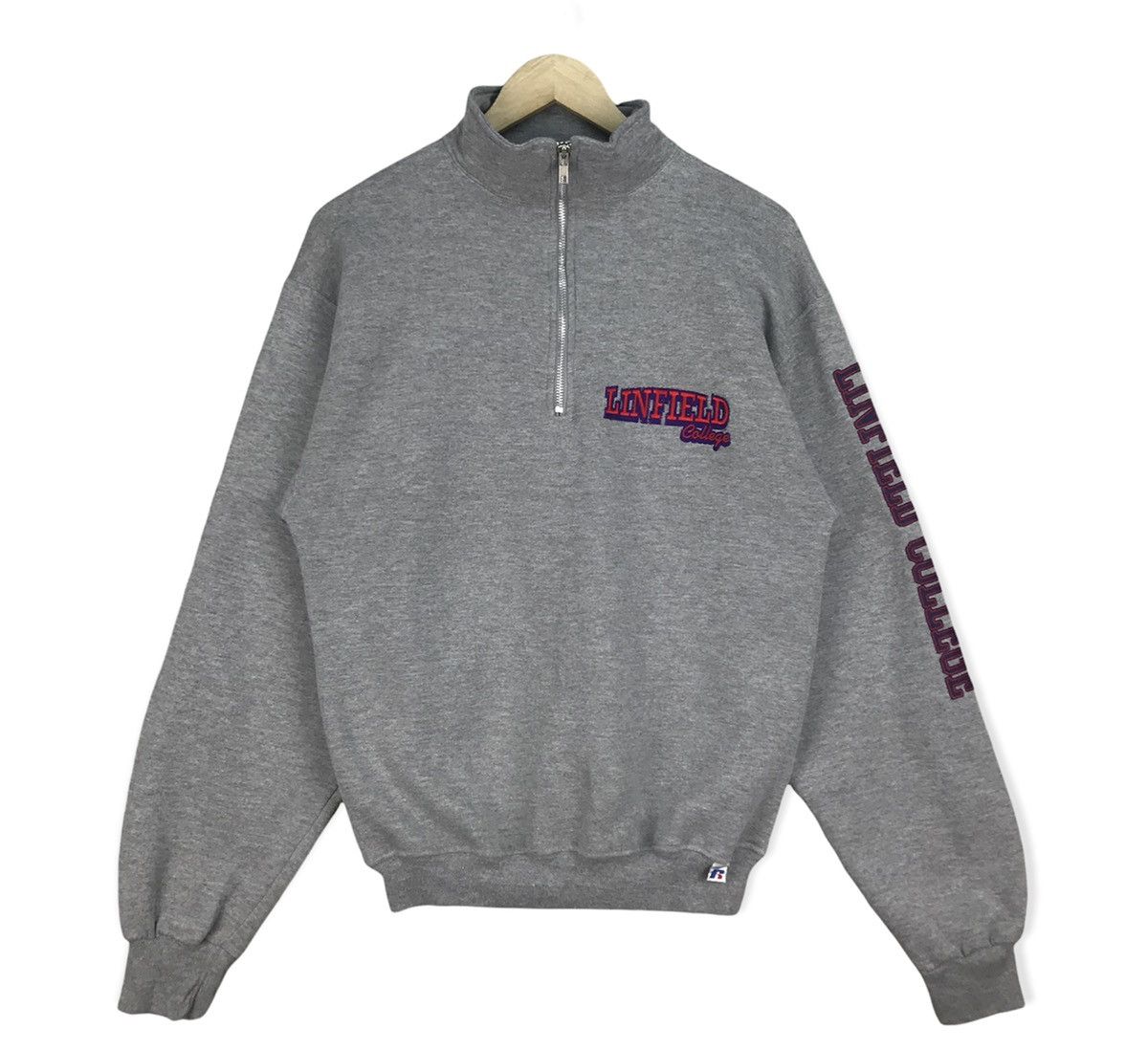 image of American College x Russell Athletic Vintage Linfield College Half Zip Sweatshirt in Grey (Size Smal