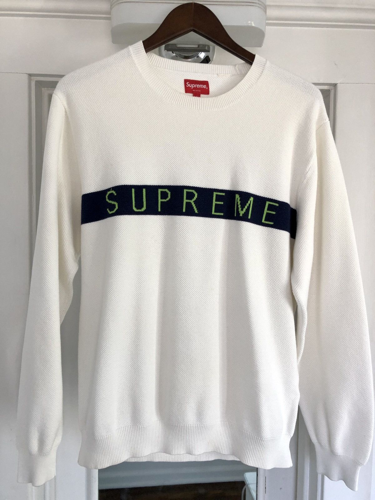 Supreme Logo Stripe Pique Knit Crewneck Sweater | Grailed