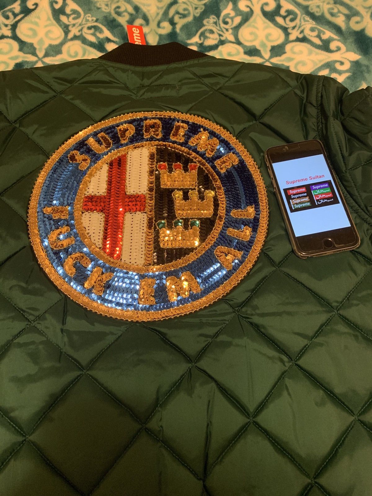 image of Dswt Supreme Sequin Patch Quilted Bomber Fuck Em All Small in Pine Green, Men's